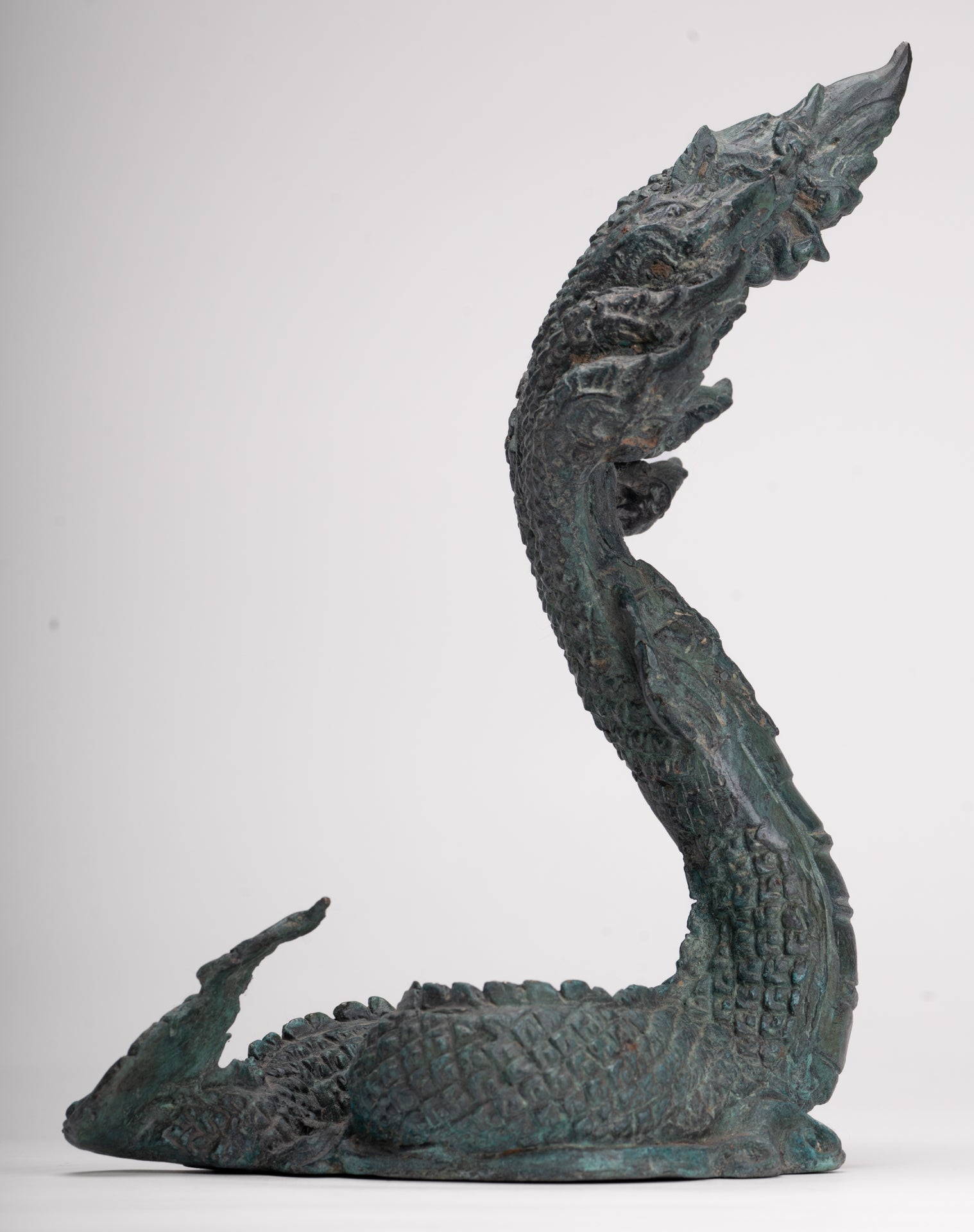 Antique Thai Style Bronze Nine Head Protective Naga, Snake or Serpent Statue - 28cm/11"