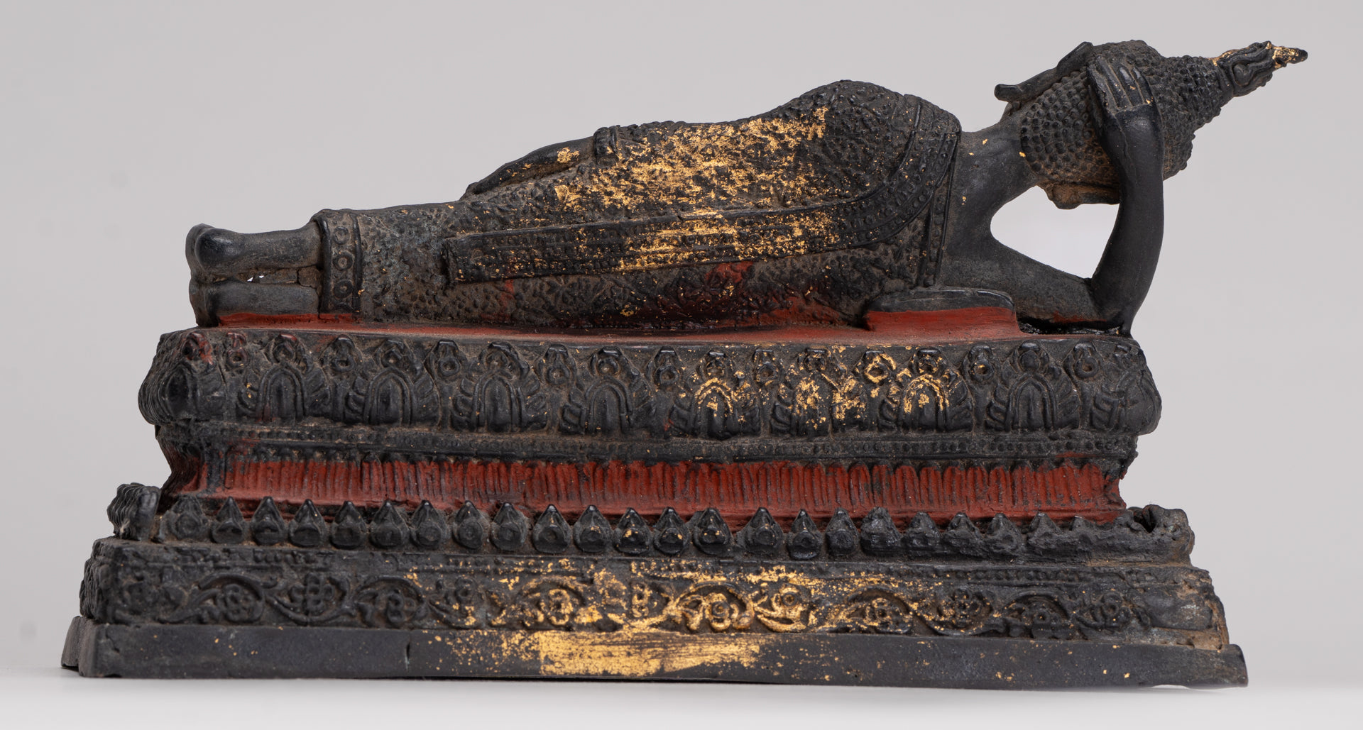 Buddha Statue - Antique Thai Style Bronze Rattanakosin Reclining Nirvana Buddha Statue - 19cm/8"