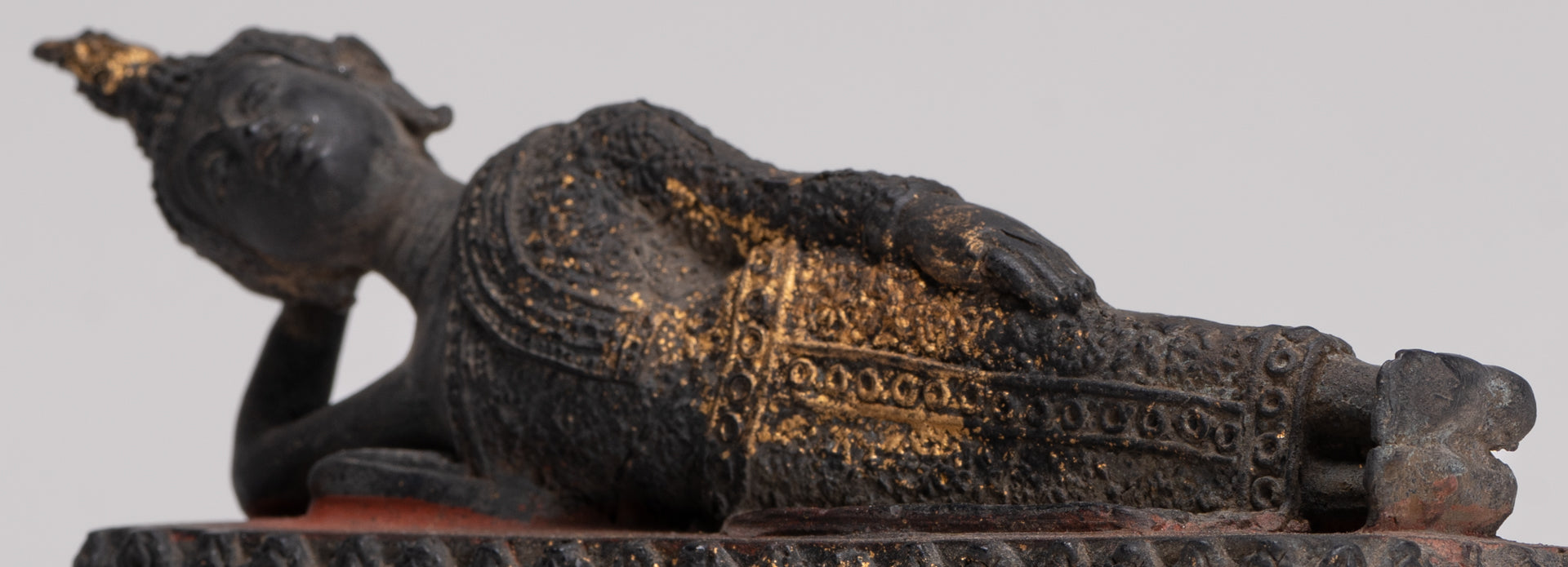 Buddha Statue - Antique Thai Style Bronze Rattanakosin Reclining Nirvana Buddha Statue - 19cm/8"