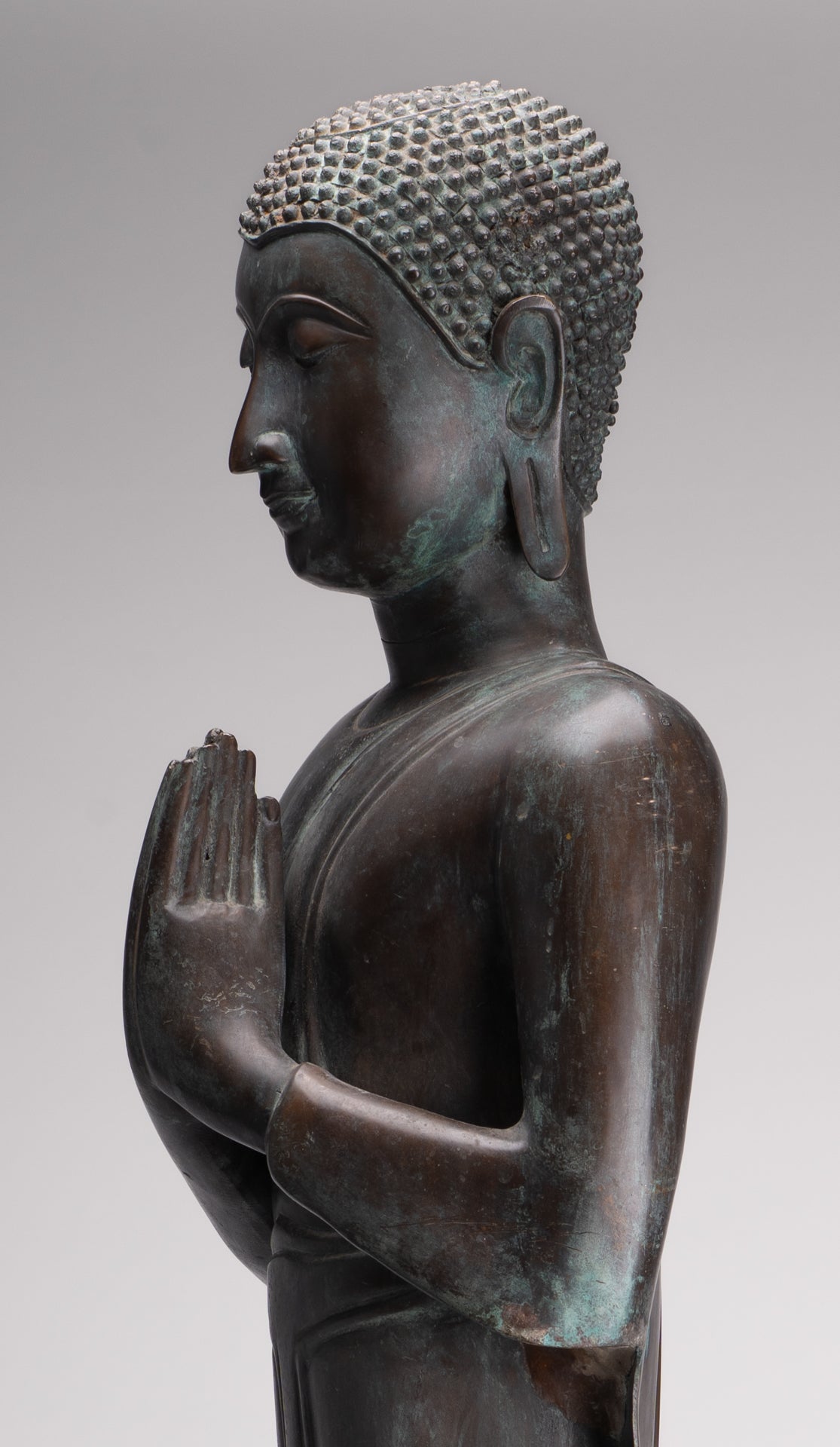 Antique Thai Style Standing Wood Adoration Standing Monk Statue - 100cm/40"