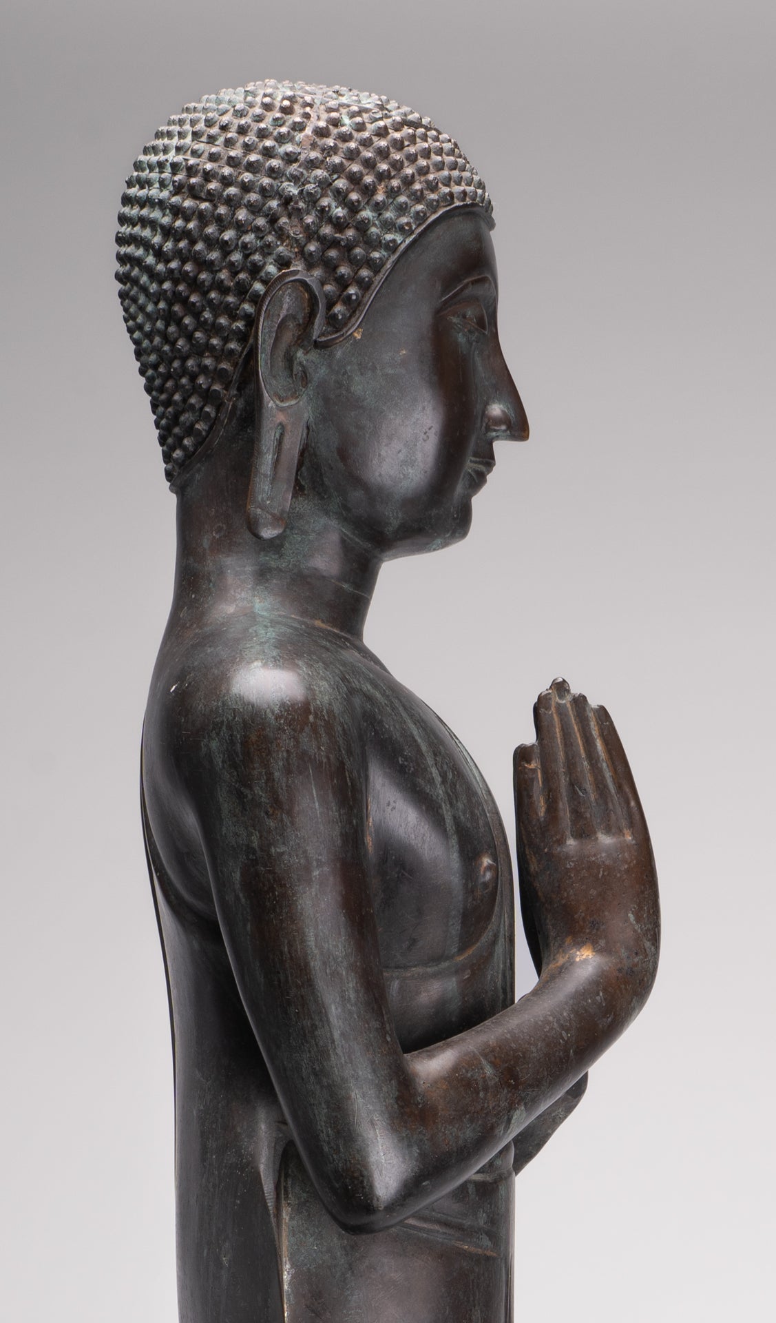 Antique Thai Style Standing Wood Adoration Standing Monk Statue - 100cm/40"