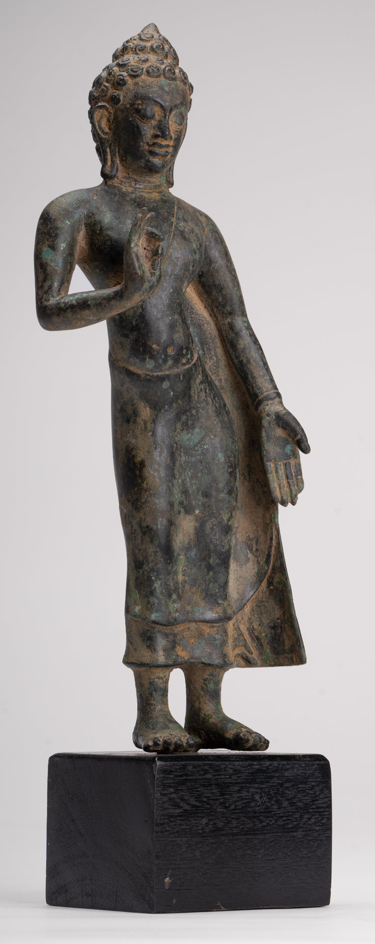 Buddha Statue - Antique Thai Style Standing Bronze Mon Dvaravati Teaching Buddha Statue - 32cm/13"