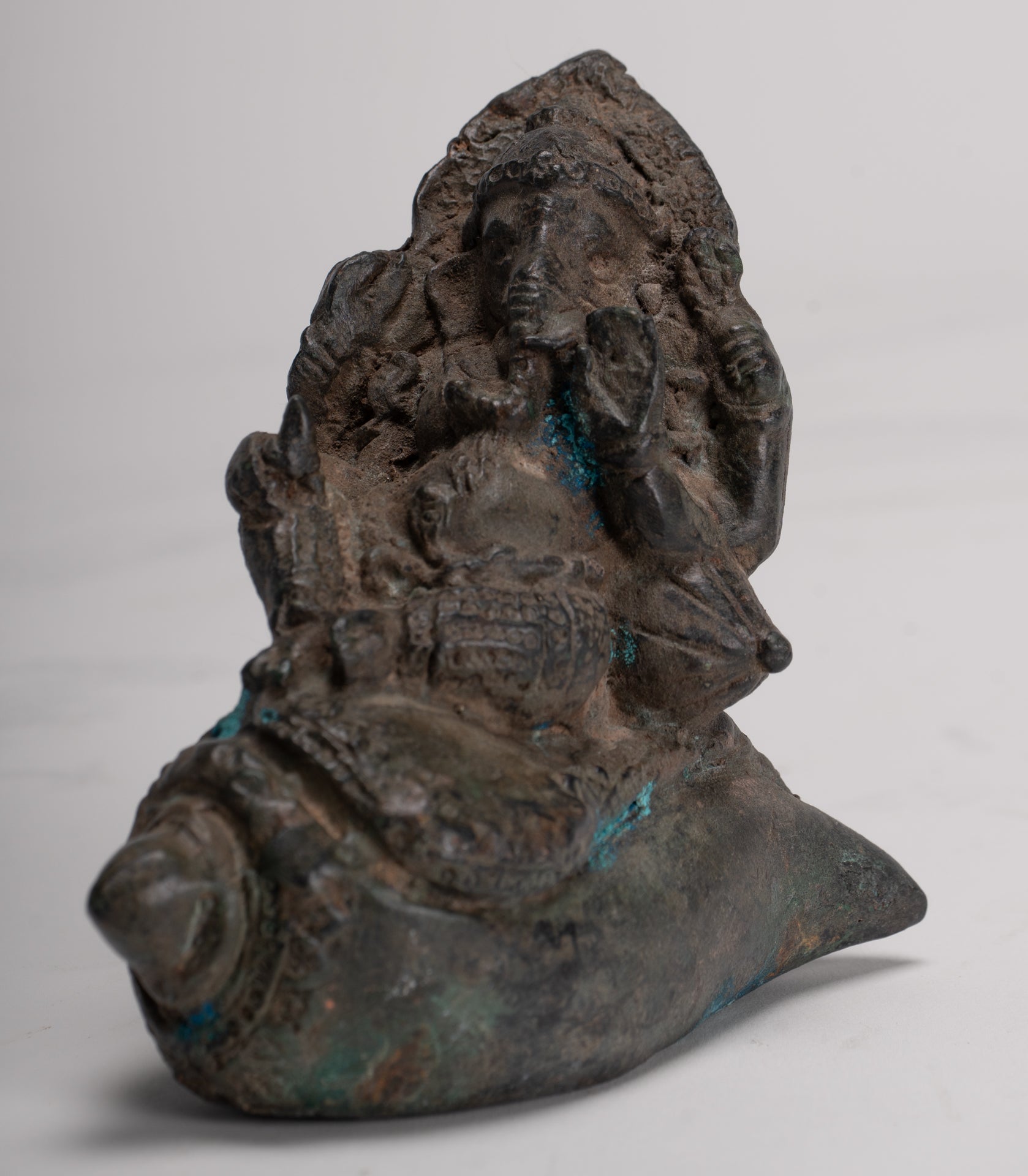 Ganesha Statue - Antique Thai Style Bronze Ganesha Statue Sat on Conch - 10cm/4"