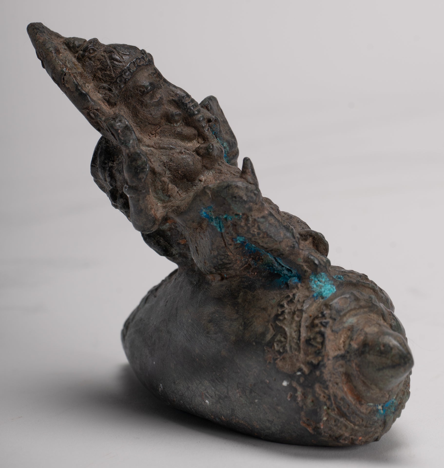 Ganesha Statue - Antique Thai Style Bronze Ganesha Statue Sat on Conch - 10cm/4"