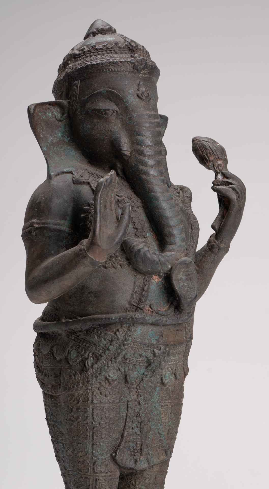 Ganesha Statue - Antique Thai Style Bronze Standing 2-Arm Ganesha Statue - 38cm/15"