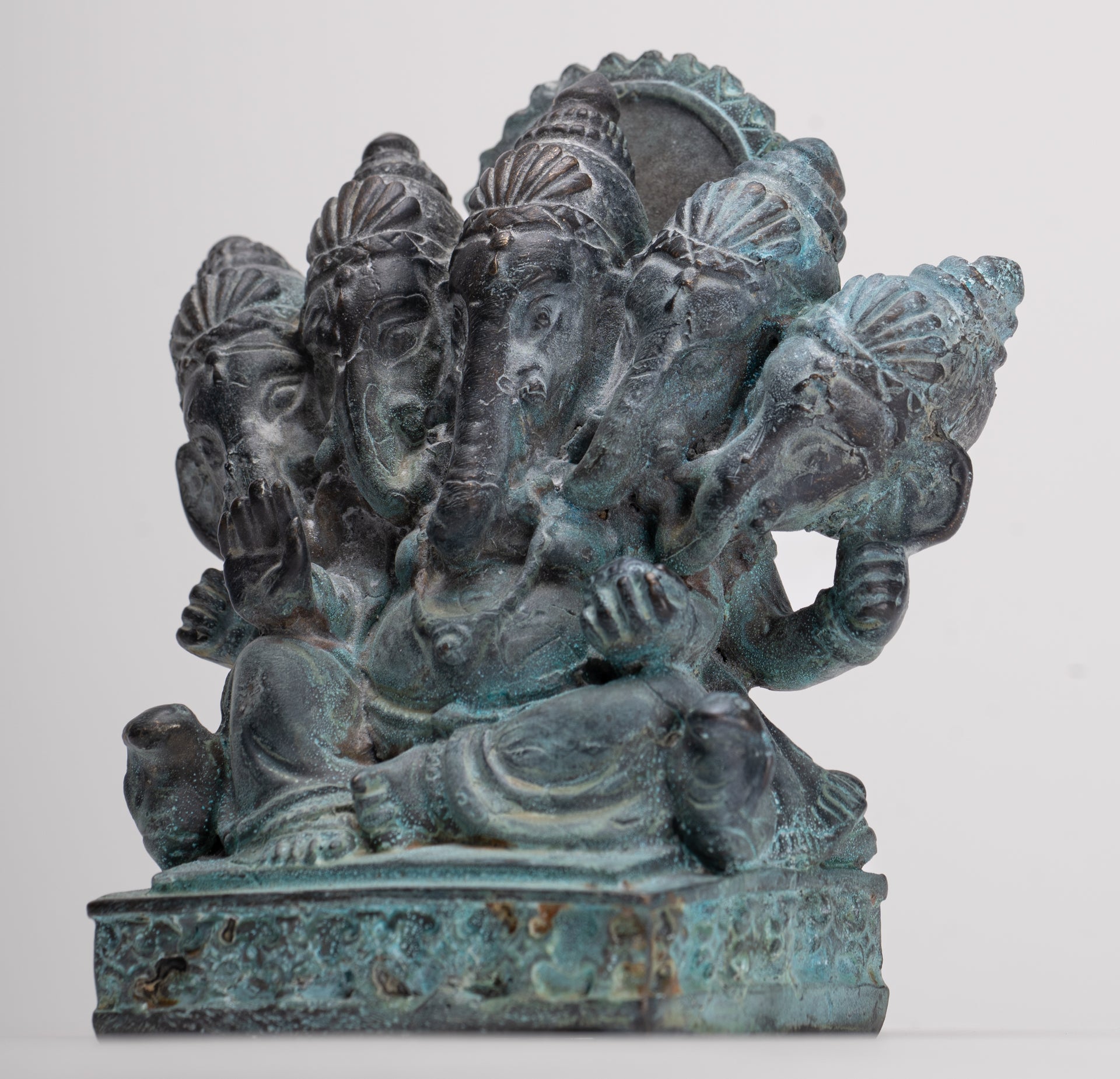 Ganesh - Antique Thai Style Bronze Seated Heramba Ganapati Statue  - 12.5cm/5"