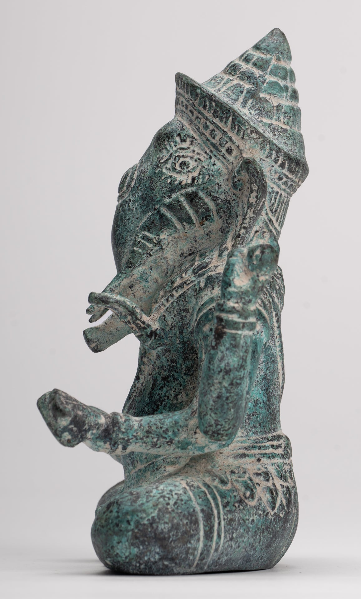 Ganesha Statue - Antique Khmer Style Angkor Wat Bronze Seated Four Arm Ganesh Statue - 14.5cm/6"