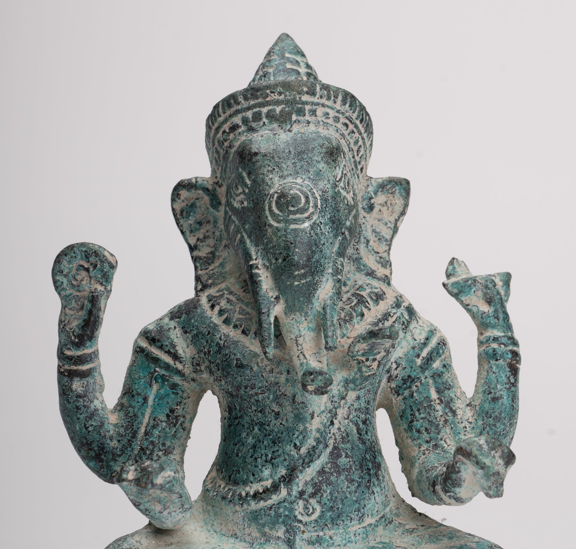 Ganesha Statue - Antique Khmer Style Angkor Wat Bronze Seated Four Arm Ganesh Statue - 14.5cm/6"