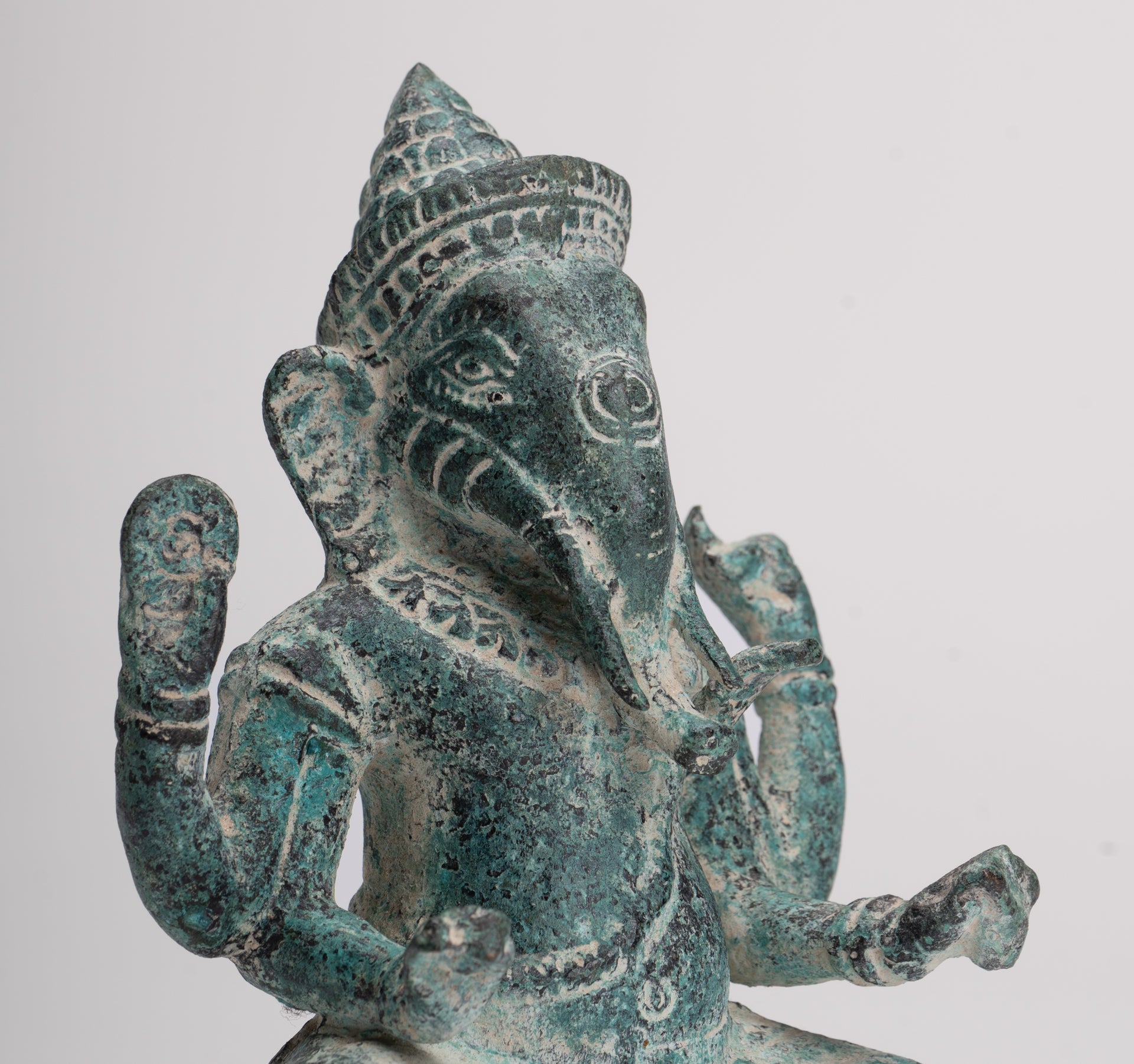 Ganesha Statue - Antique Khmer Style Angkor Wat Bronze Seated Four Arm Ganesh Statue - 14.5cm/6"