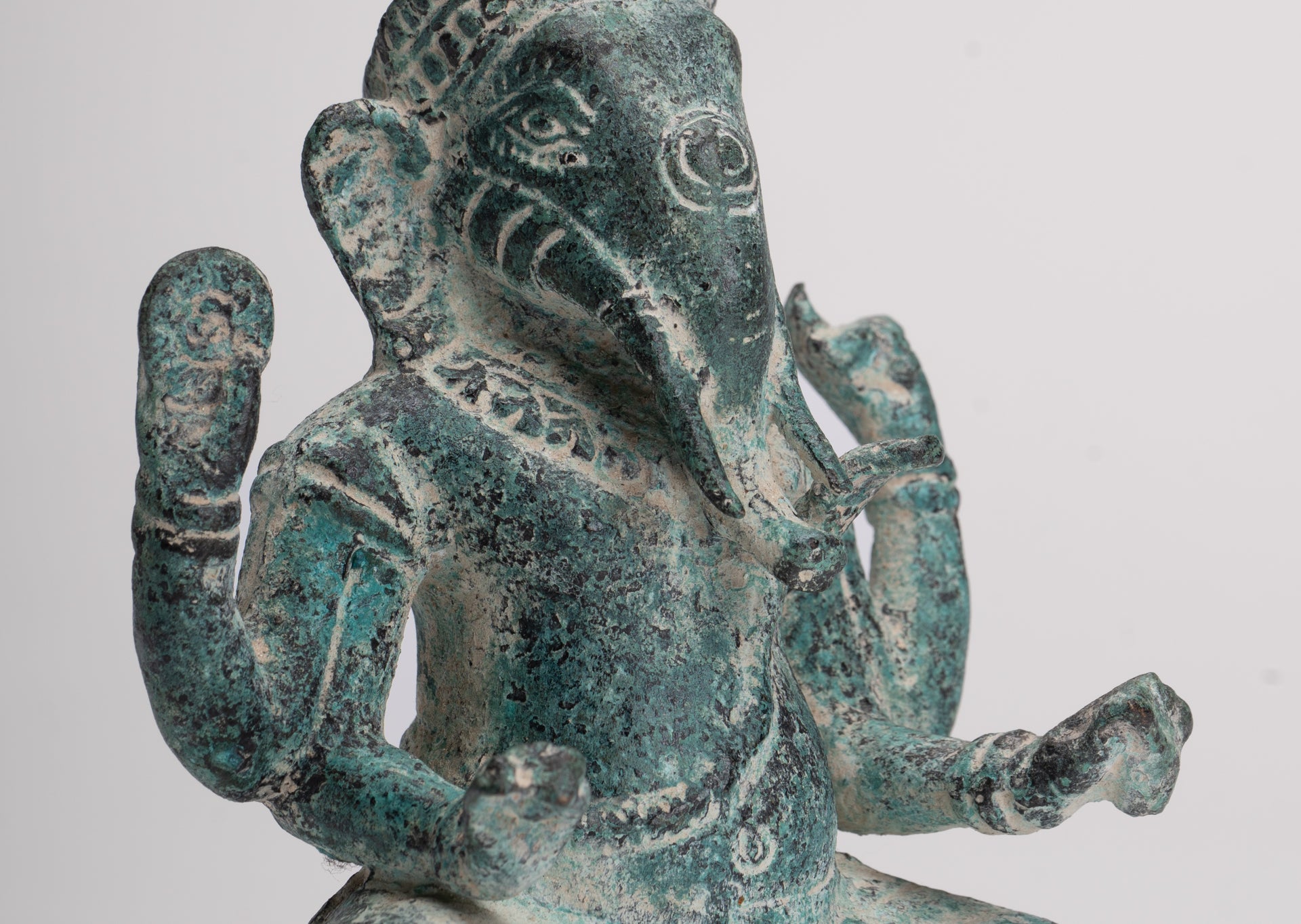 Ganesha Statue - Antique Khmer Style Angkor Wat Bronze Seated Four Arm Ganesh Statue - 14.5cm/6"