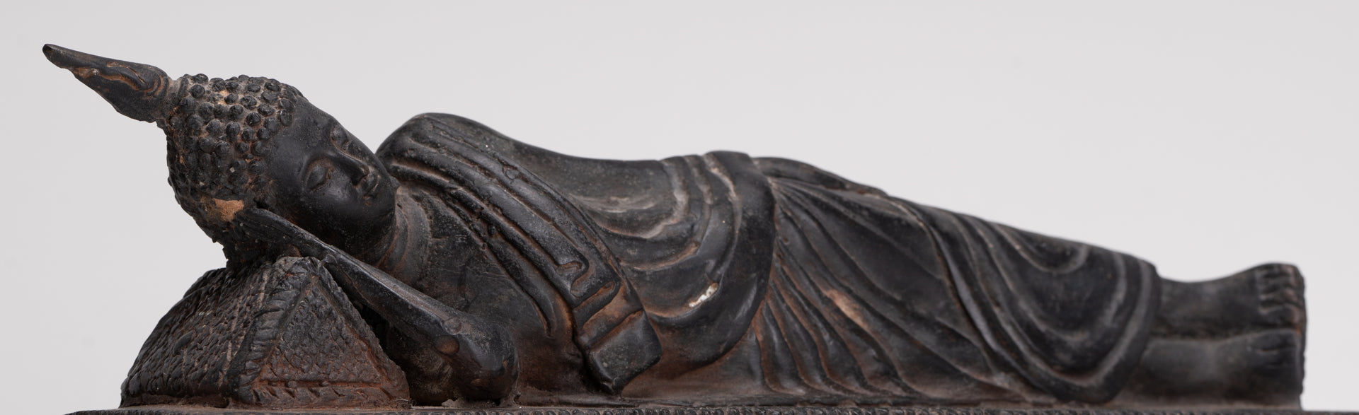 Buddha Statue - Antique Thai Style Bronze Sukhothai Reclining Nirvana Buddha Statue - 28cm/11"