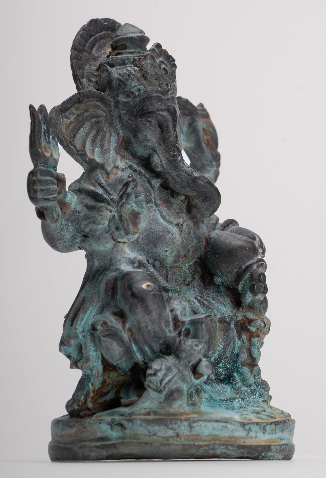 Ganesha Statue - Antique Thai Style Bronze Seated 4-Arm Vara Ganapati Statue - 15.5cm/6"