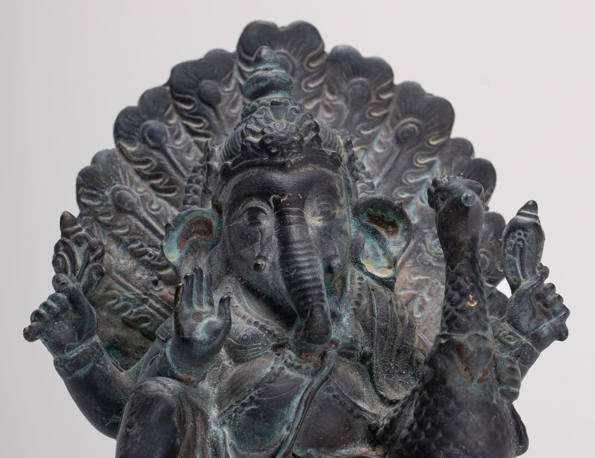 Ganesh - Antique Thai Style Bronze Seated Mayuresha Ganapathy Statue  - 13cm/5"