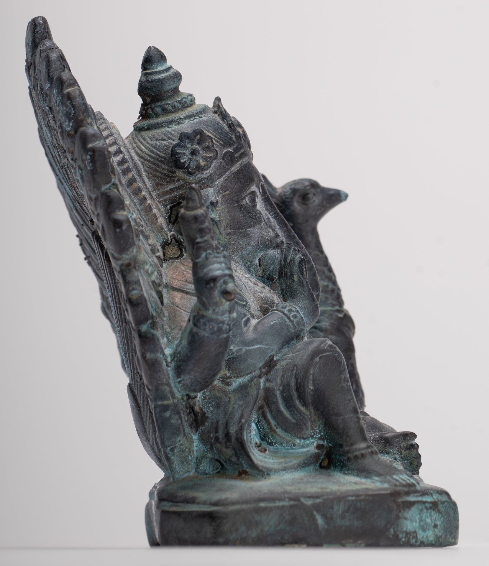 Ganesh - Antique Thai Style Bronze Seated Mayuresha Ganapathy Statue  - 13cm/5"