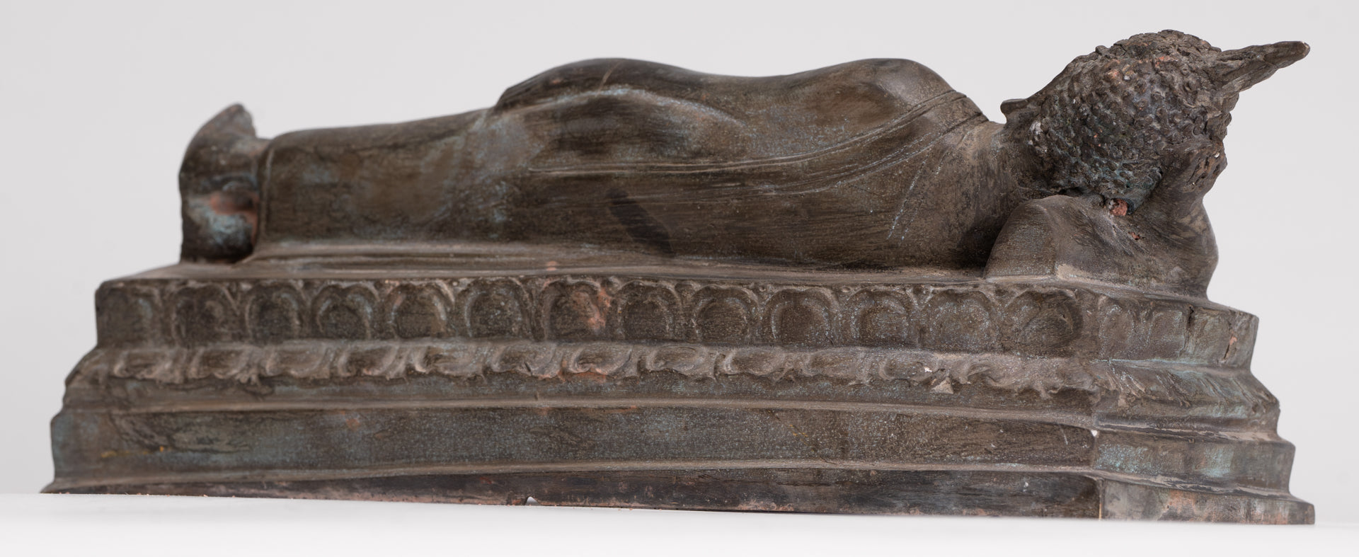 Buddha Statue - Antique Thai Style Bronze Sukhothai Reclining Nirvana Buddha Statue - 27cm/11"