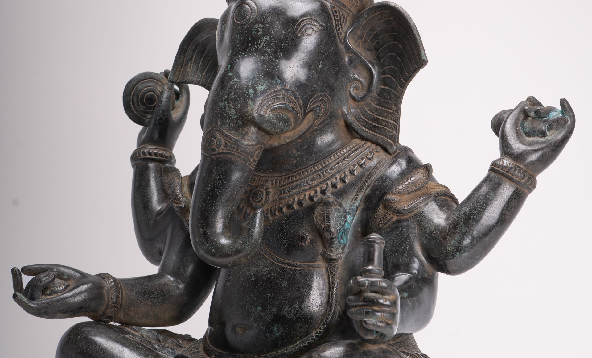 Large Ganesha Statue - Antique Khmer Style Angkor Wat Bronze Seated Four Arm Ganesh Statue - 56cm/22"