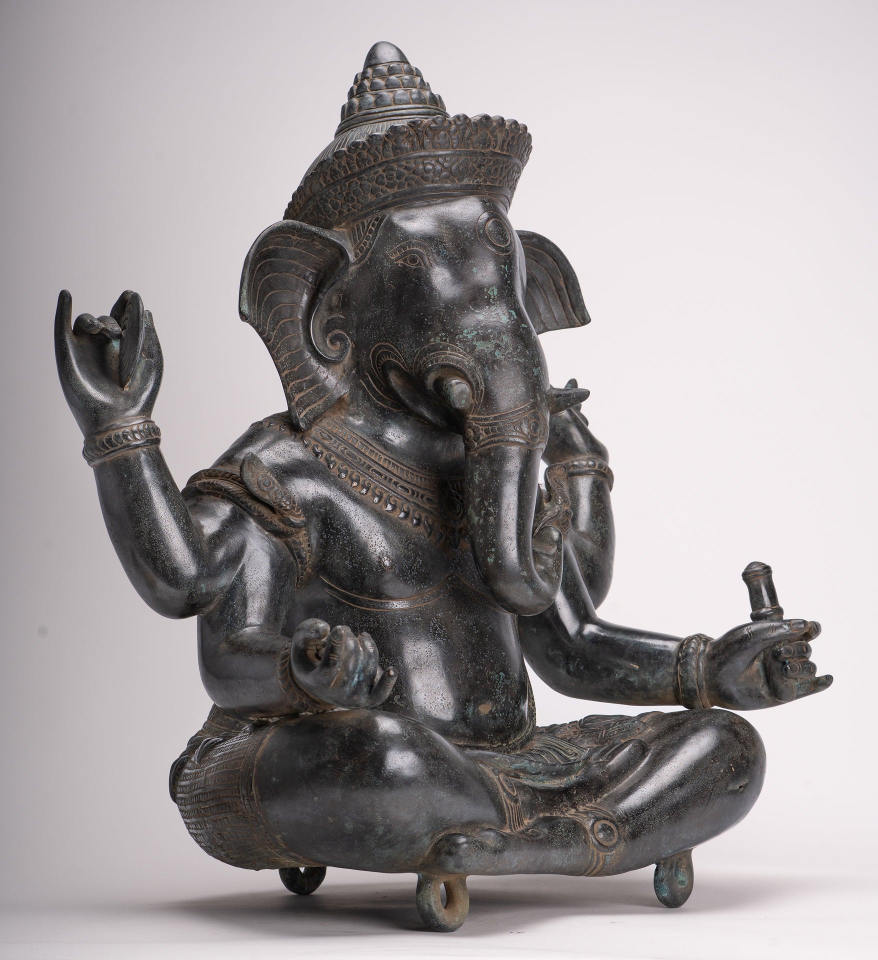 Large Ganesha Statue - Antique Khmer Style Angkor Wat Bronze Seated Four Arm Ganesh Statue - 56cm/22"
