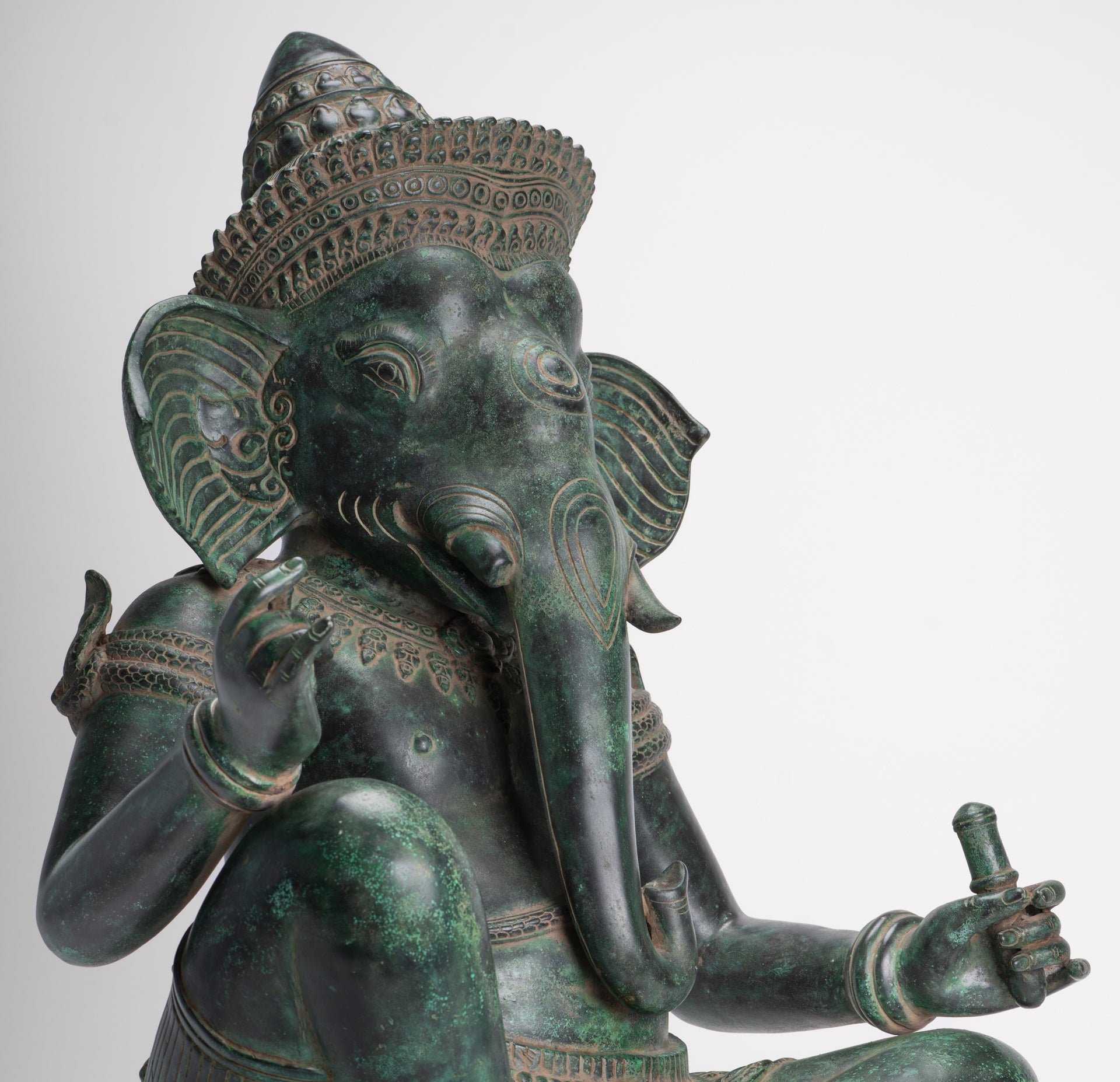 Ganesha Statue - Antique Khmer Style Bronze Seated Ganesha Statue - 63cm/24"