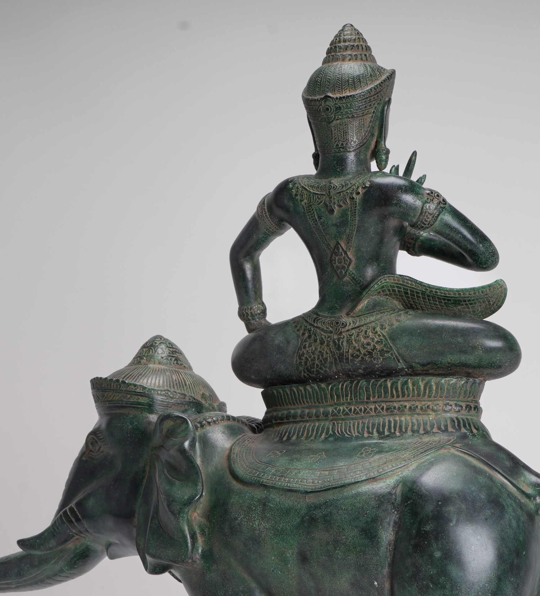 Indra Statue - Antique Khmer Style Bronze Erawan Airavata Statue with Indra - 59cm/24"