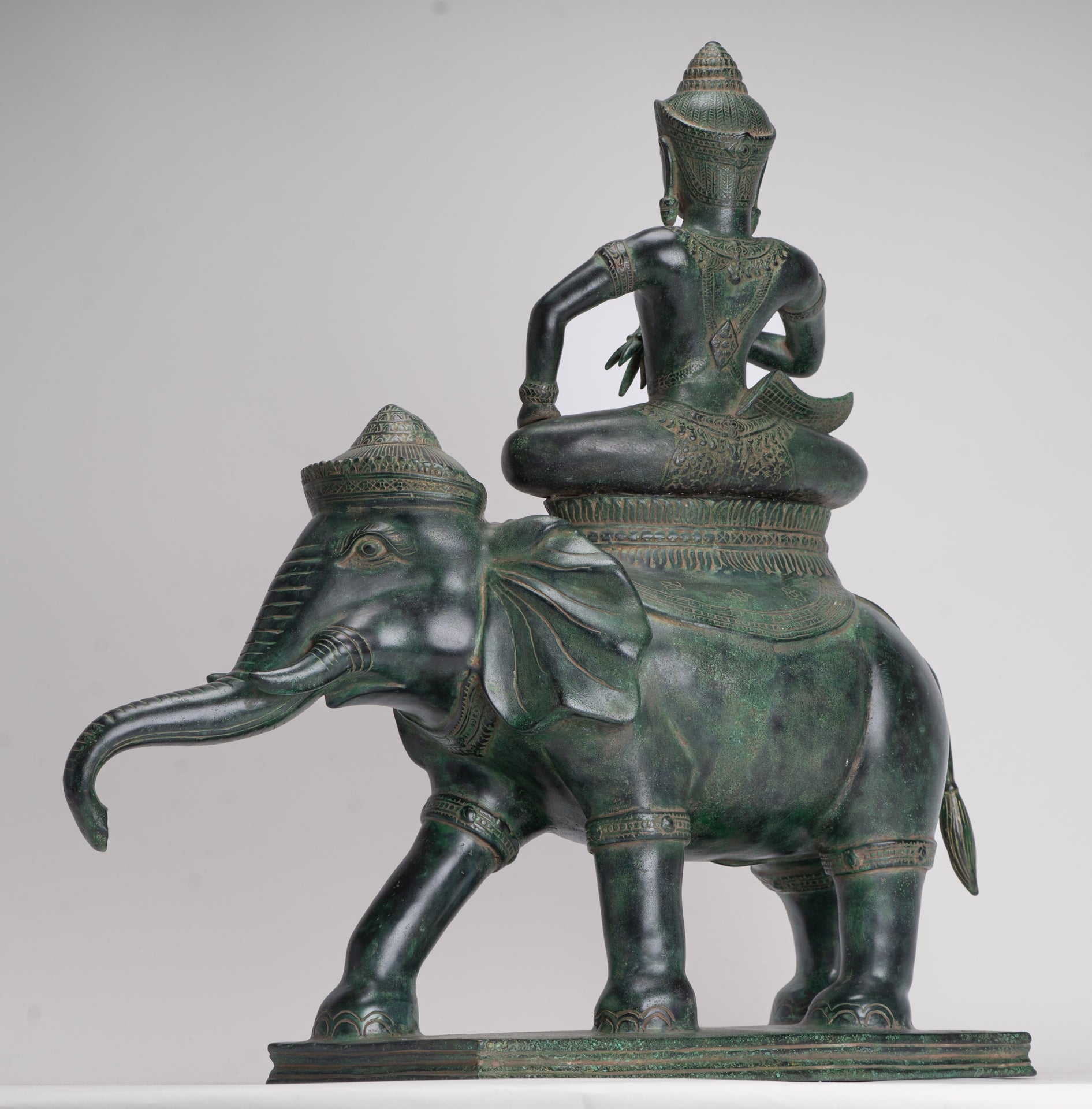 Indra Statue - Antique Khmer Style Bronze Erawan Airavata Statue with Indra - 59cm/24"