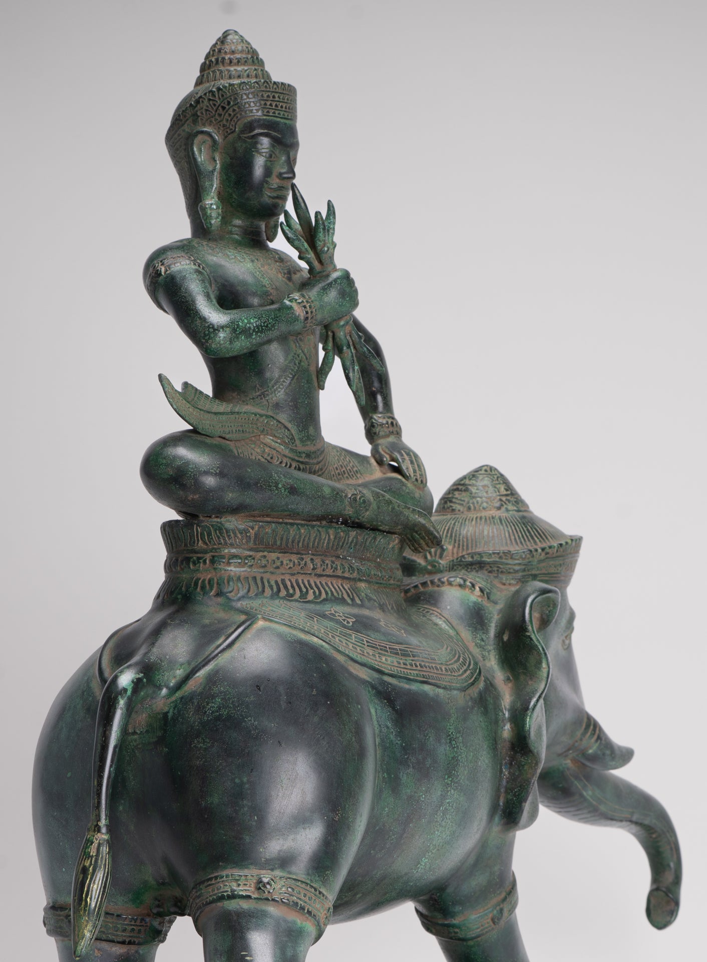 Indra Statue - Antique Khmer Style Bronze Erawan Airavata Statue with Indra - 59cm/24"