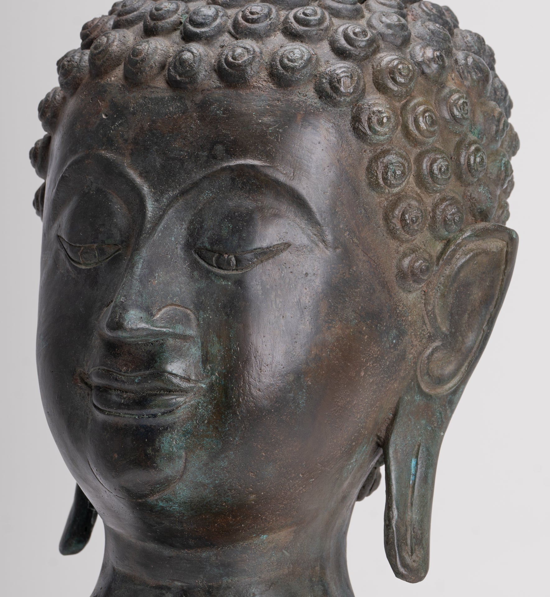 Buddha Head - Antique Thai Style Chiang Saen Mounted Bronze Buddha Head - 45cm/18"