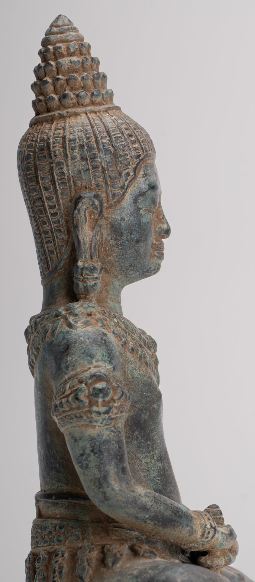 Buddha Statue - Antique Khmer Style Bronze Seated Meditation Bayon Buddha Statue - 22cm/9"