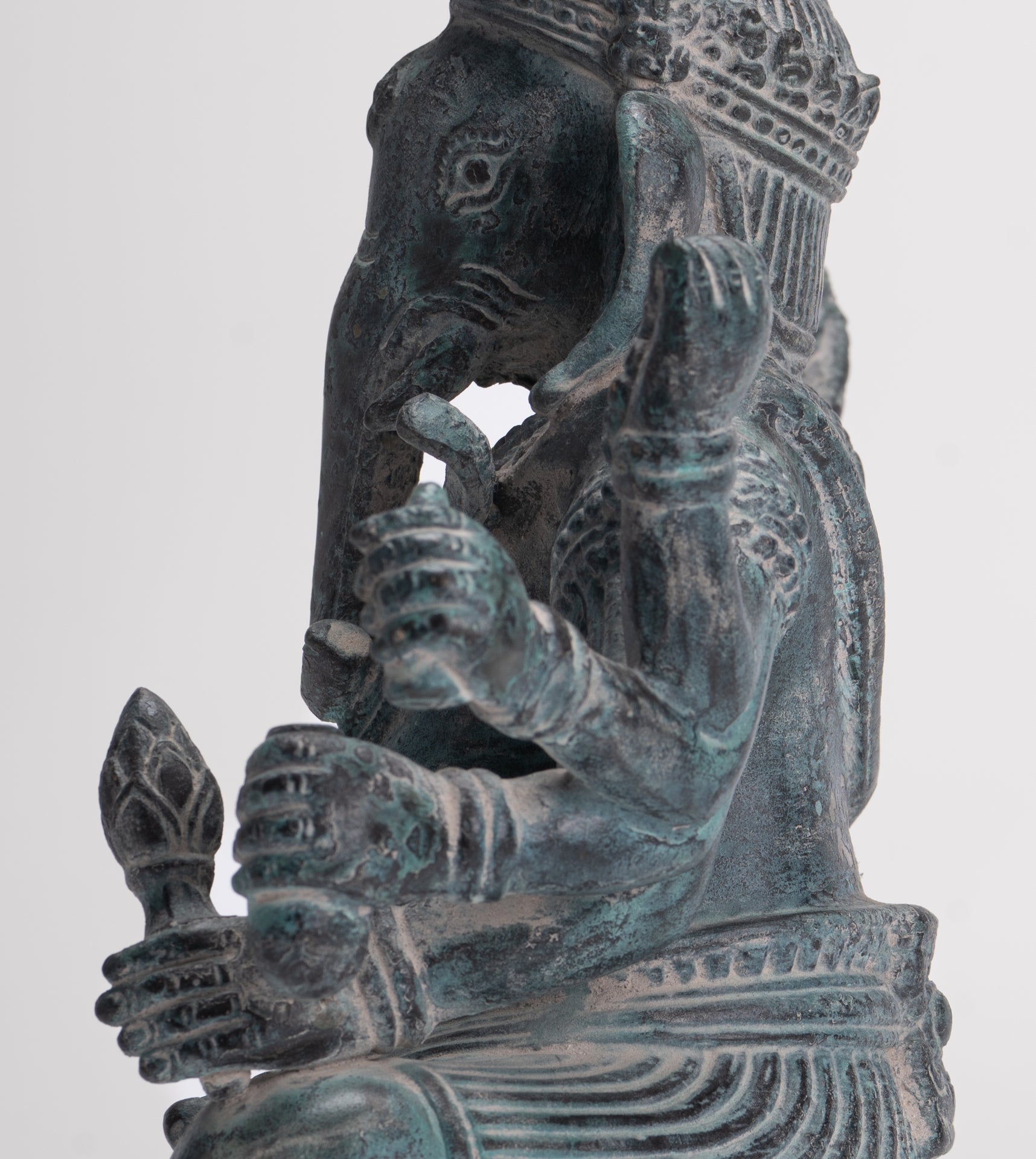 Ganesha Statue - Antique Khmer Style Enthroned Angkor Wat 8 Arm Ganesh Statue - 22cm/9"