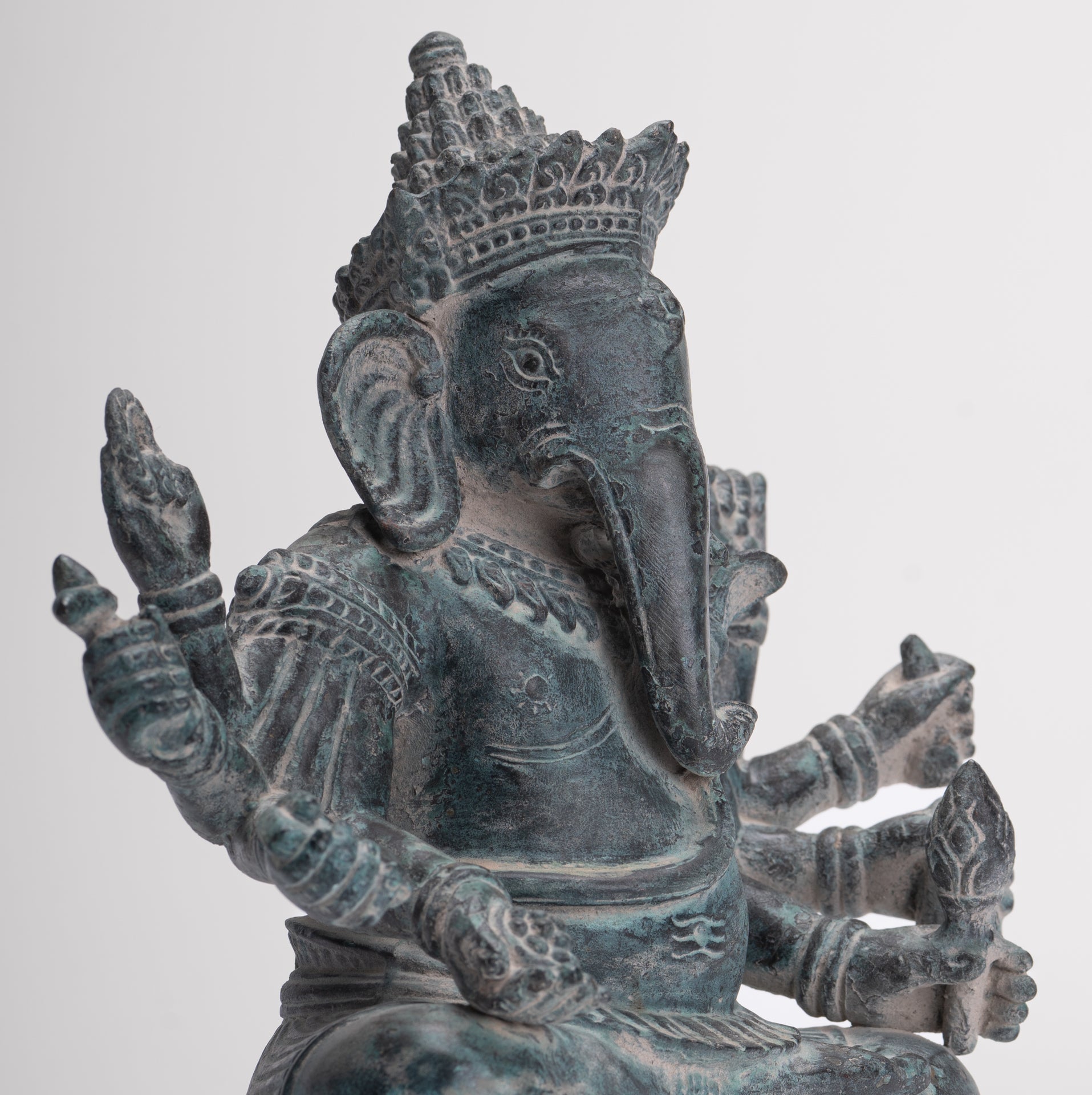 Ganesha Statue - Antique Khmer Style Enthroned Angkor Wat 8 Arm Ganesh Statue - 22cm/9"