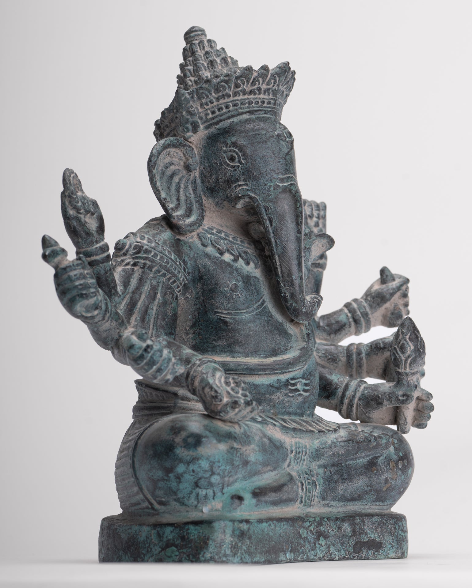 Ganesha Statue - Antique Khmer Style Enthroned Angkor Wat 8 Arm Ganesh Statue - 22cm/9"