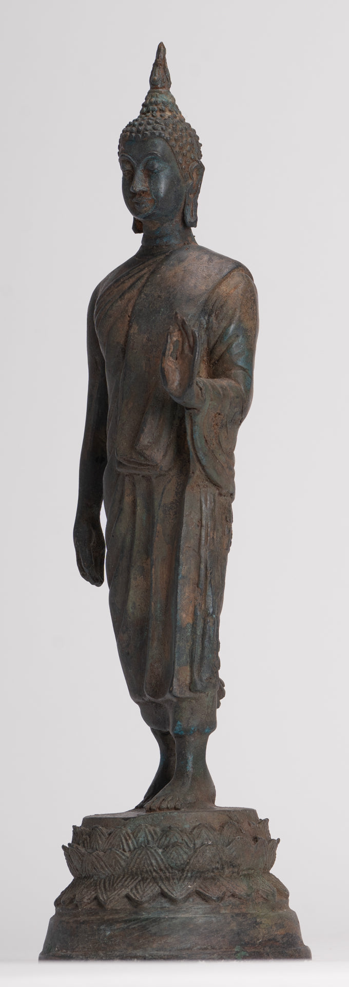 Antique Sukhothai Style Standing Bronze Thai Protection Walking Buddha Statue - 30cm/12"