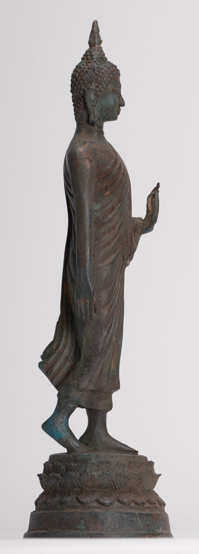 Antique Sukhothai Style Standing Bronze Thai Protection Walking Buddha Statue - 30cm/12"