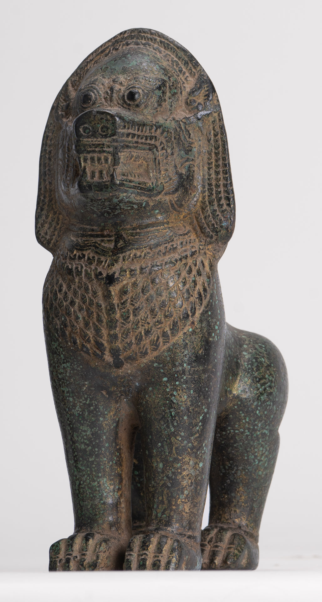 Temple Lions - Antique Khmer Style Bronze Standing Temple Guardian or Lions (Pair) - 20cm/8"