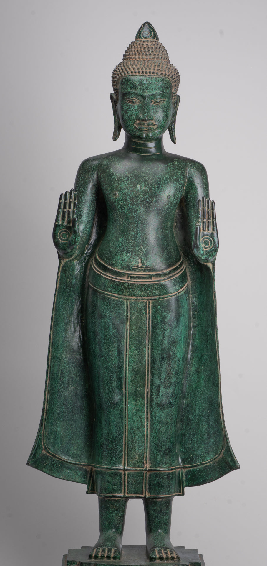 Large Buddha Statue - Antique Khmer Style Bronze Standing Abhaya Protection Buddha Statue - 123cm/49"