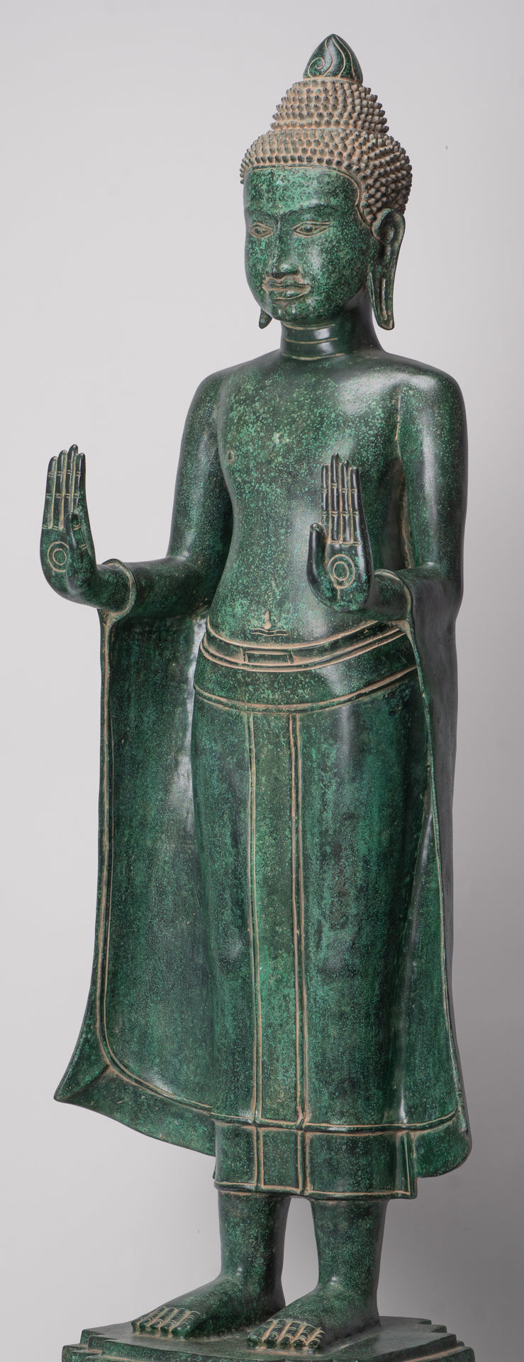 Large Buddha Statue - Antique Khmer Style Bronze Standing Abhaya Protection Buddha Statue - 123cm/49"