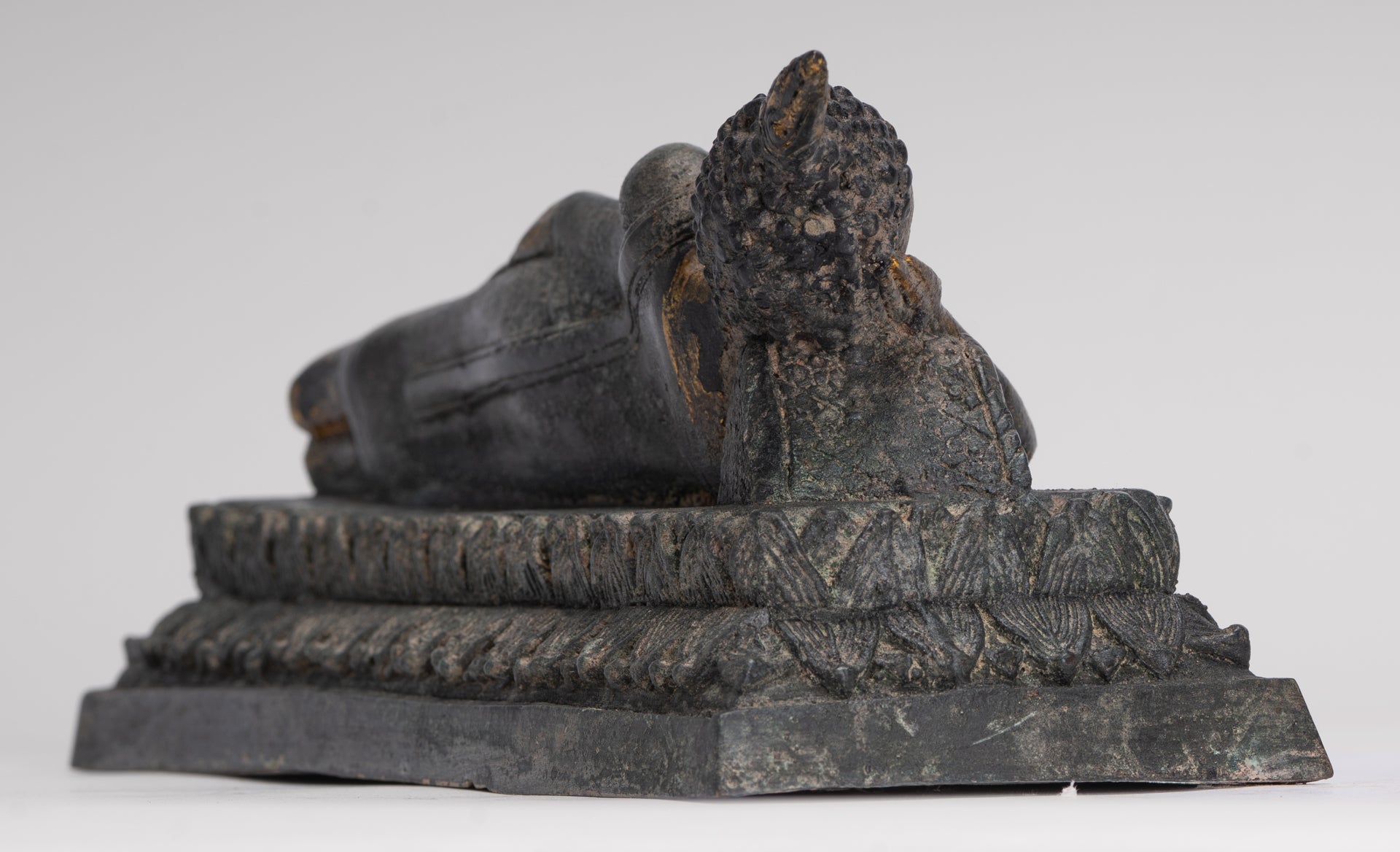 Buddha Statue - Antique Thai Style Bronze Sukhothai Reclining Nirvana Buddha Statue - 29cm/12"