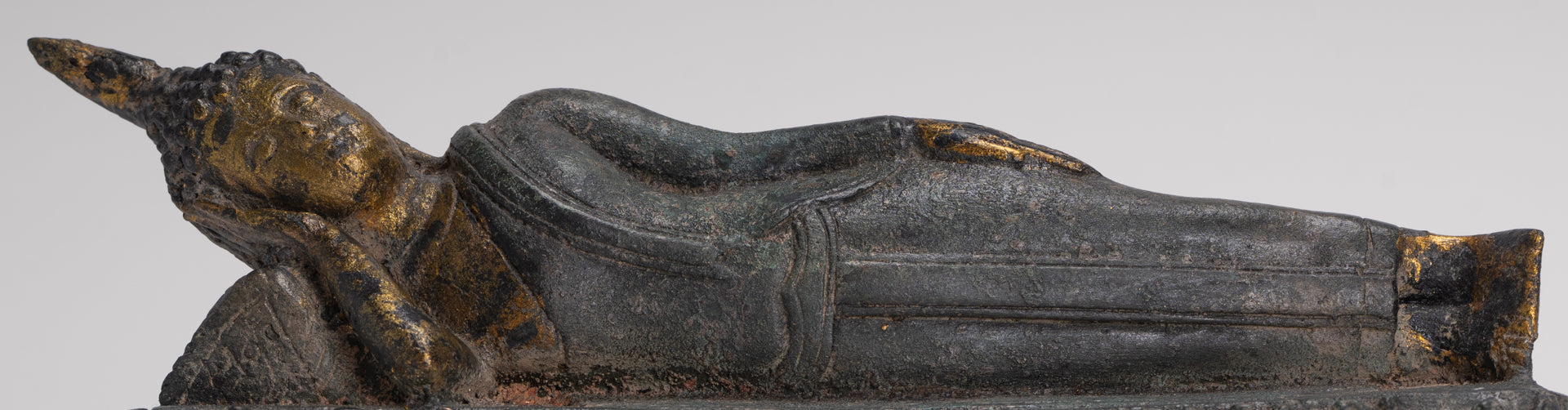 Buddha Statue - Antique Thai Style Bronze Sukhothai Reclining Nirvana Buddha Statue - 29cm/12"