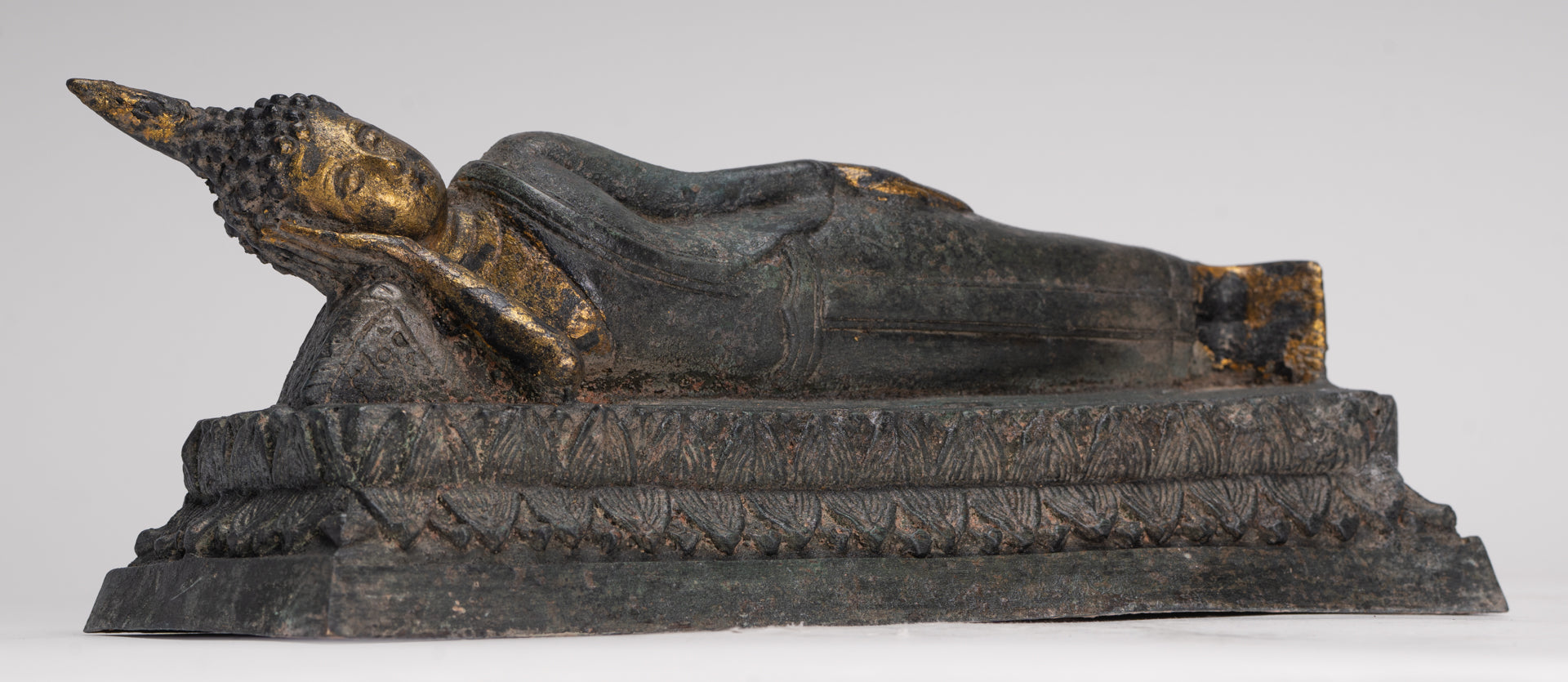 Buddha Statue - Antique Thai Style Bronze Sukhothai Reclining Nirvana Buddha Statue - 29cm/12"