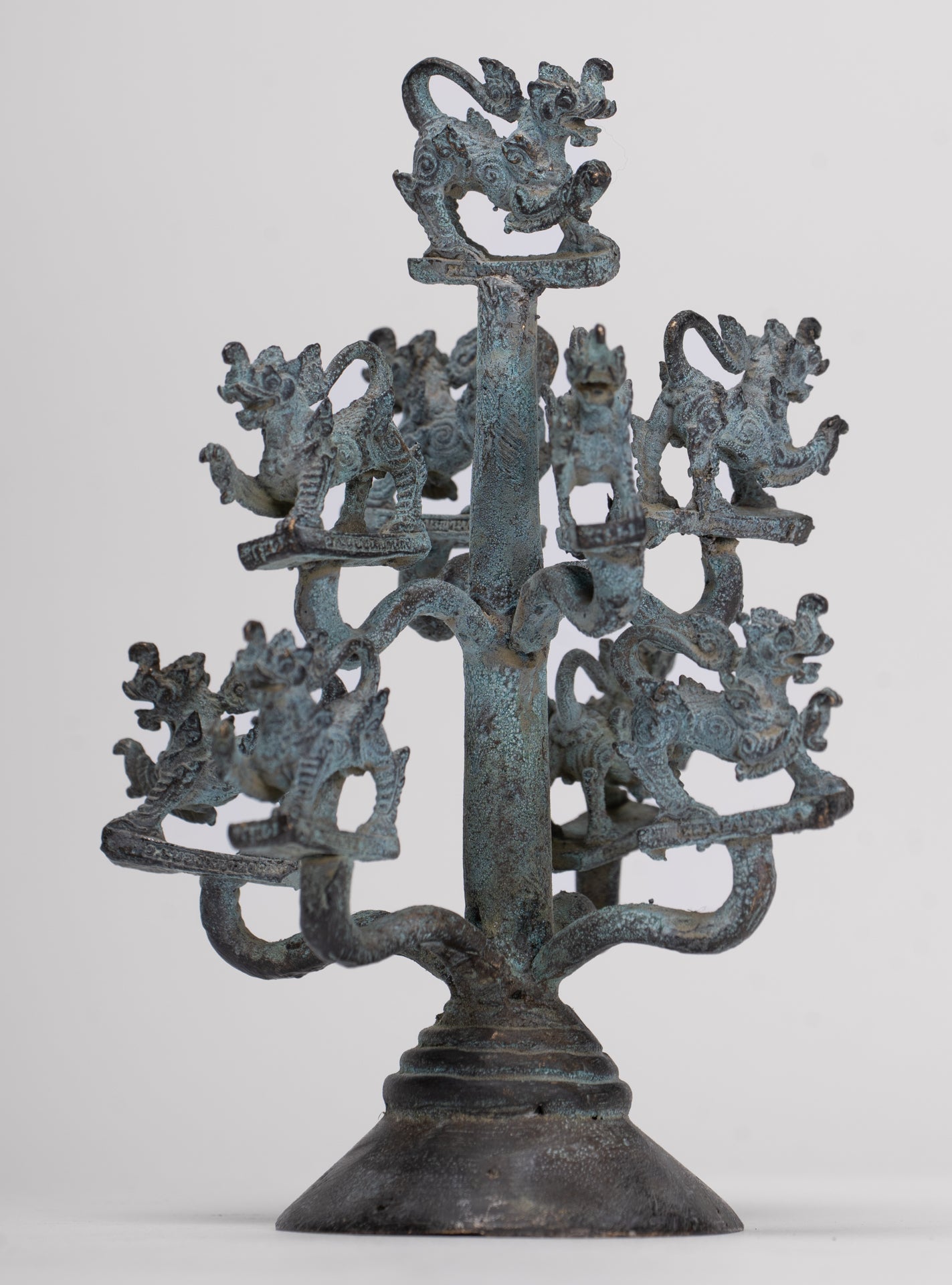 Singha Sculpture - Antique Thai Style Bronze Bodhi Tree of Thai Singha or Temple Lions/Guardians Statues - 11cm/4"