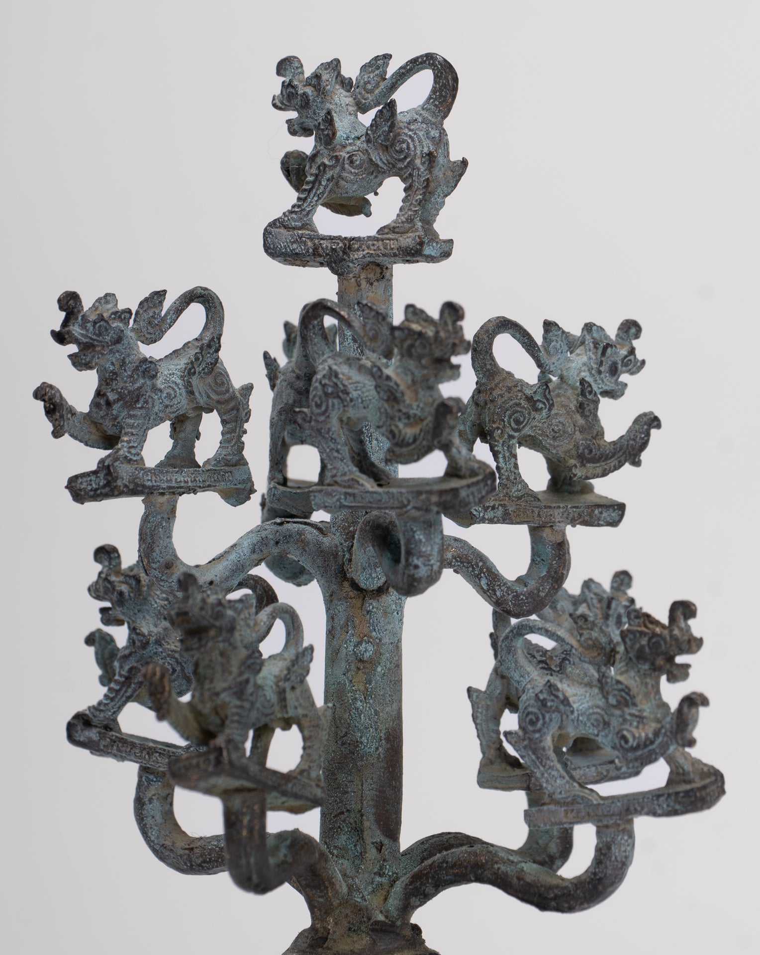 Singha Sculpture - Antique Thai Style Bronze Bodhi Tree of Thai Singha or Temple Lions/Guardians Statues - 11cm/4"