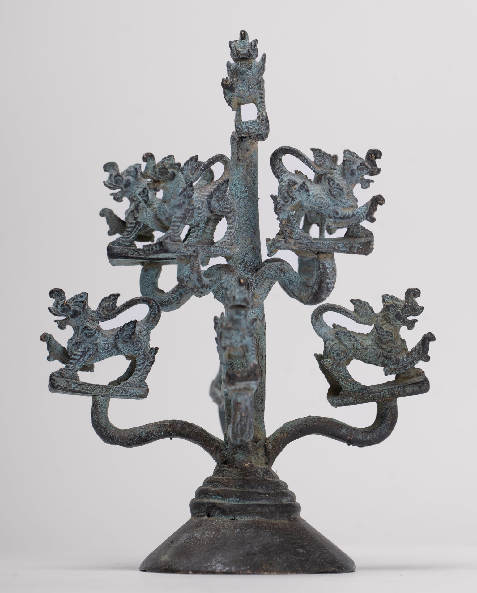 Singha Sculpture - Antique Thai Style Bronze Bodhi Tree of Thai Singha or Temple Lions/Guardians Statues - 11cm/4"