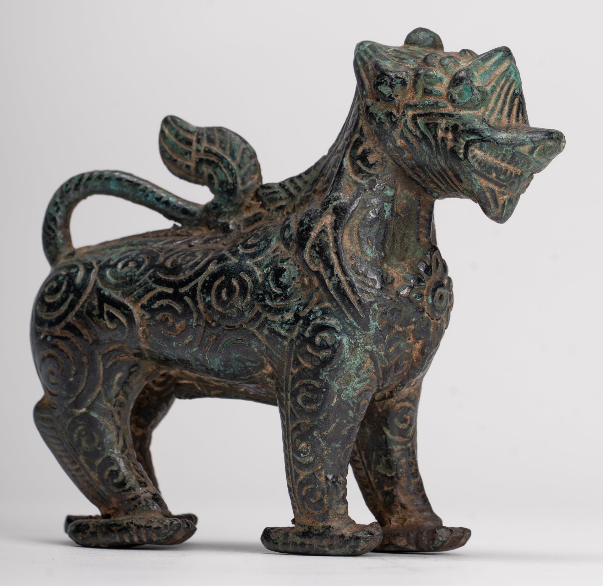 Antique Khmer Style Bronze Standing Chinthe Guardian Temple Lion - 10.5cm/4"