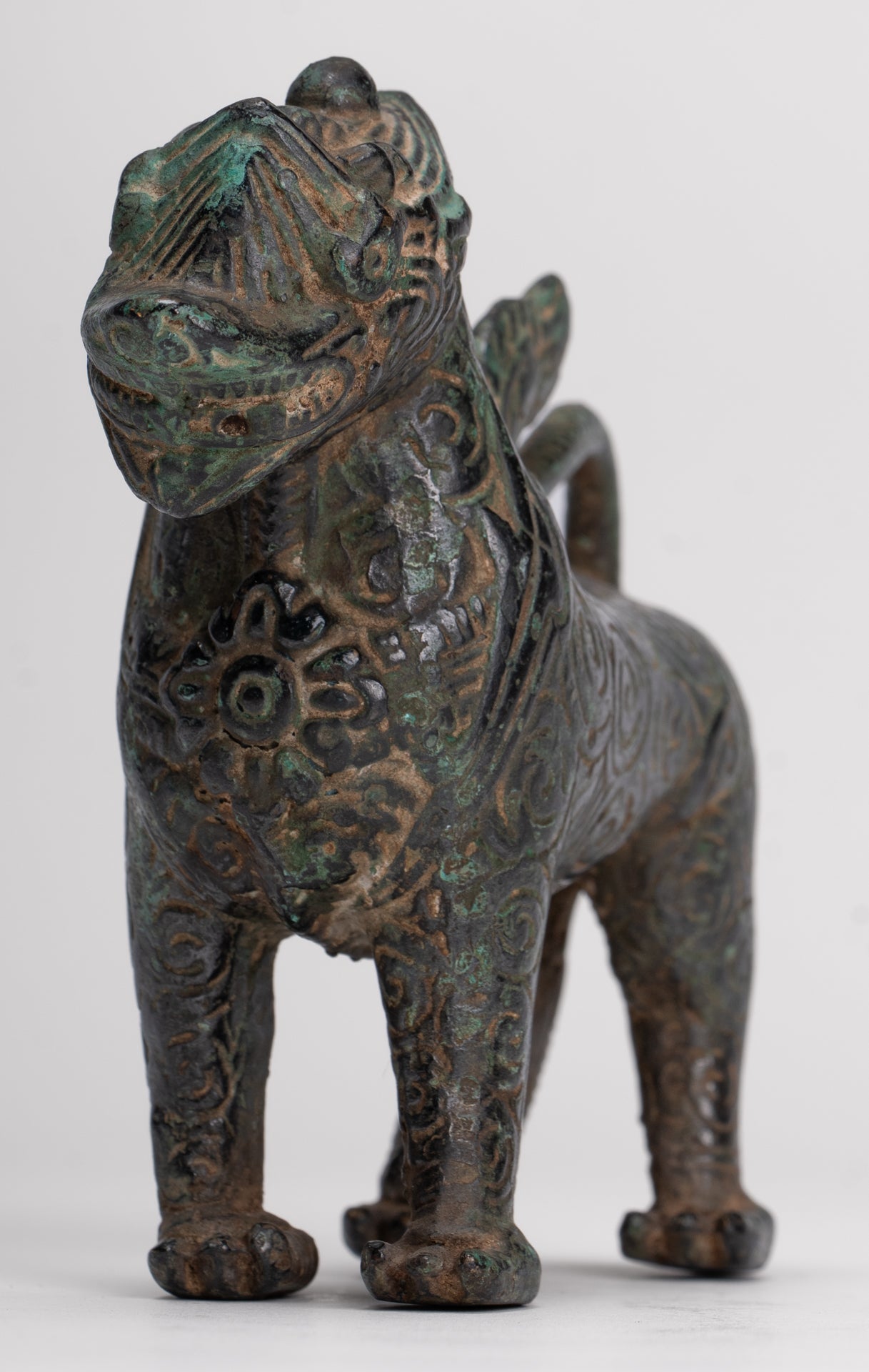 Antique Khmer Style Bronze Standing Chinthe Guardian Temple Lion - 10.5cm/4"