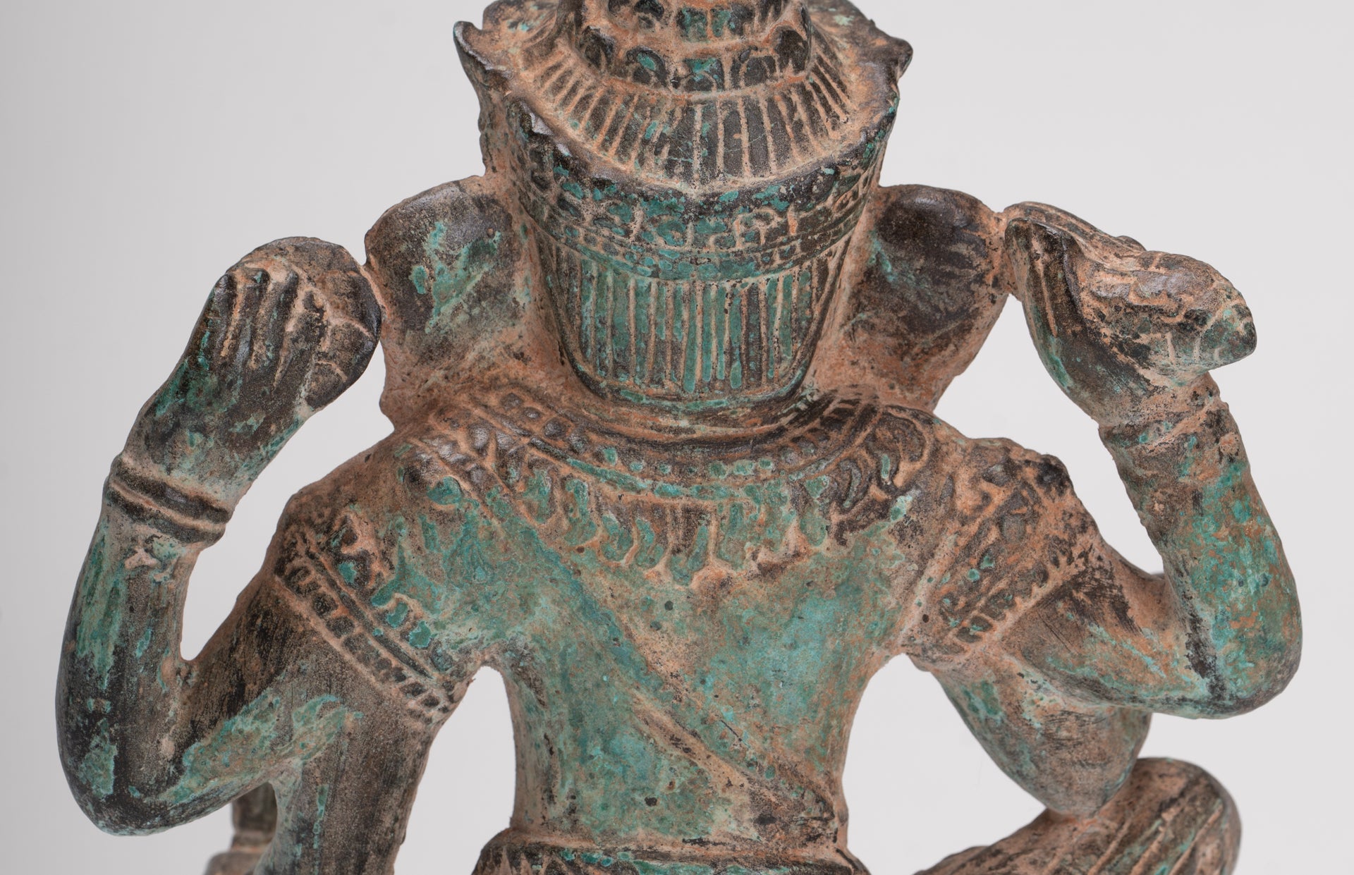 Ganesha Statue - Antique Khmer Style Angkor Wat Bronze Seated Four Arm Ganesh Statue - 19cm/8"