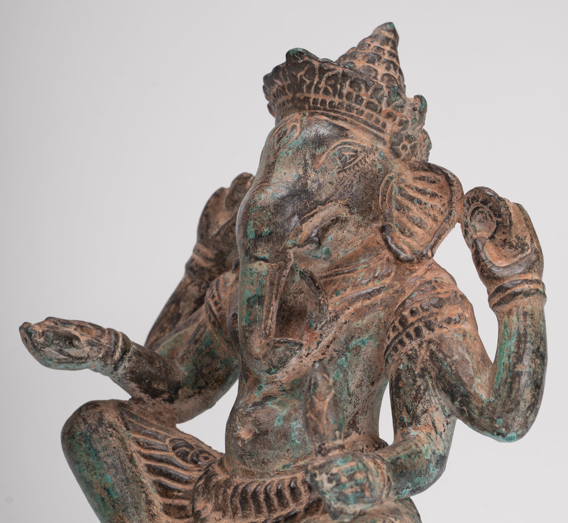Ganesha Statue - Antique Khmer Style Angkor Wat Bronze Seated Four Arm Ganesh Statue - 19cm/8"
