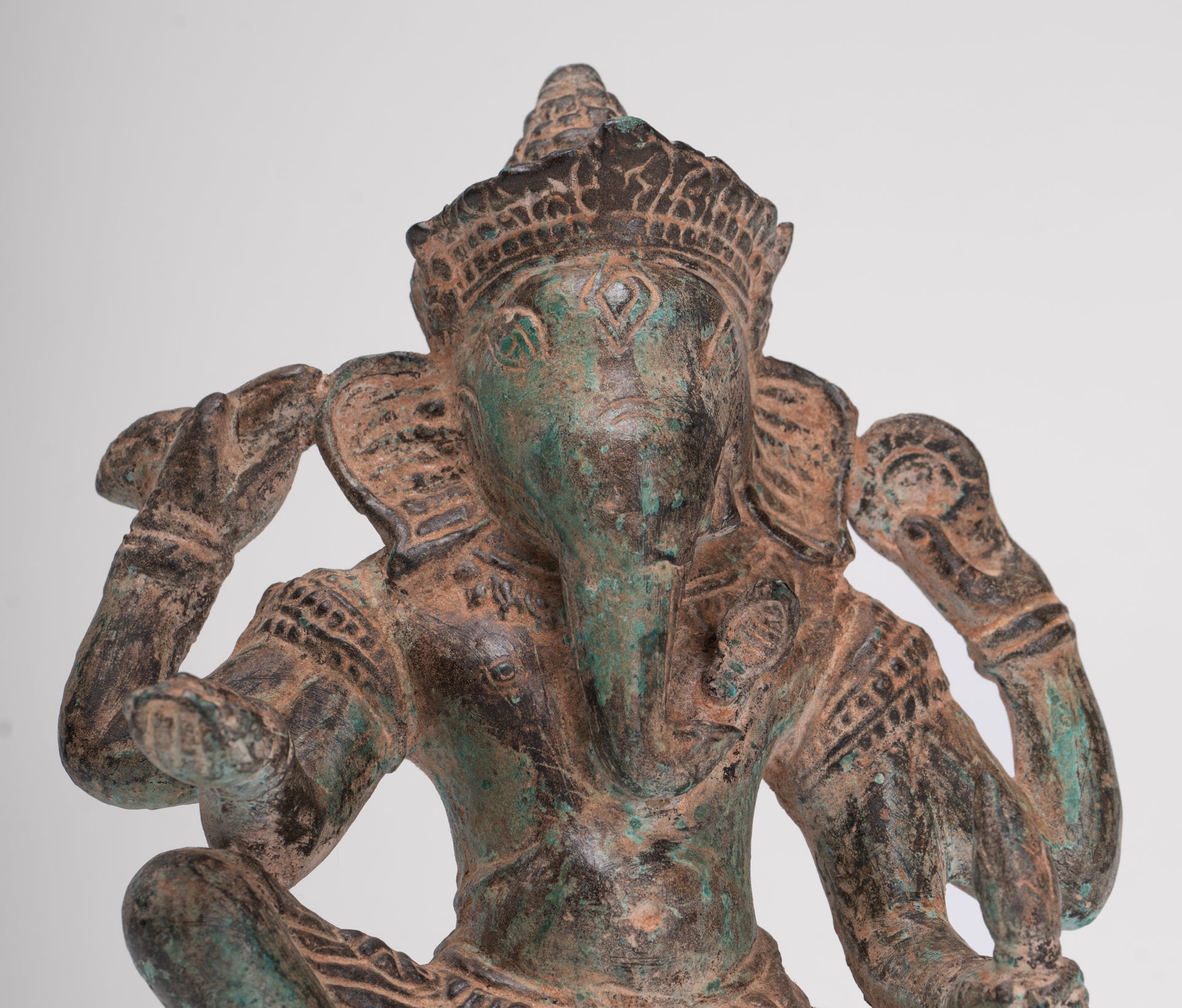 Ganesha Statue - Antique Khmer Style Angkor Wat Bronze Seated Four Arm Ganesh Statue - 19cm/8"