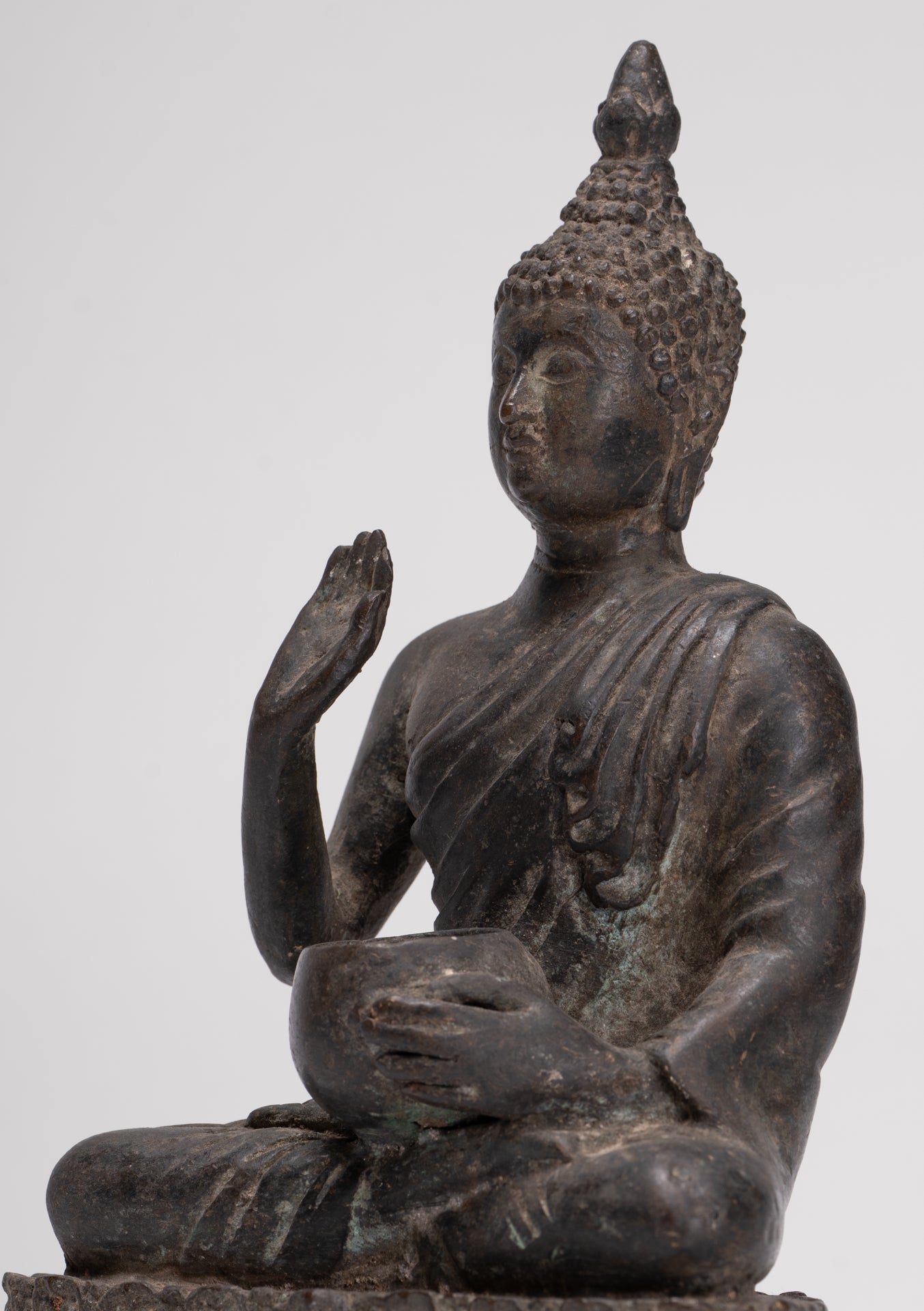 Antique Thai Style Bronze Chiang Saen Abhaya Protection Buddha Statue - 22cm/9"