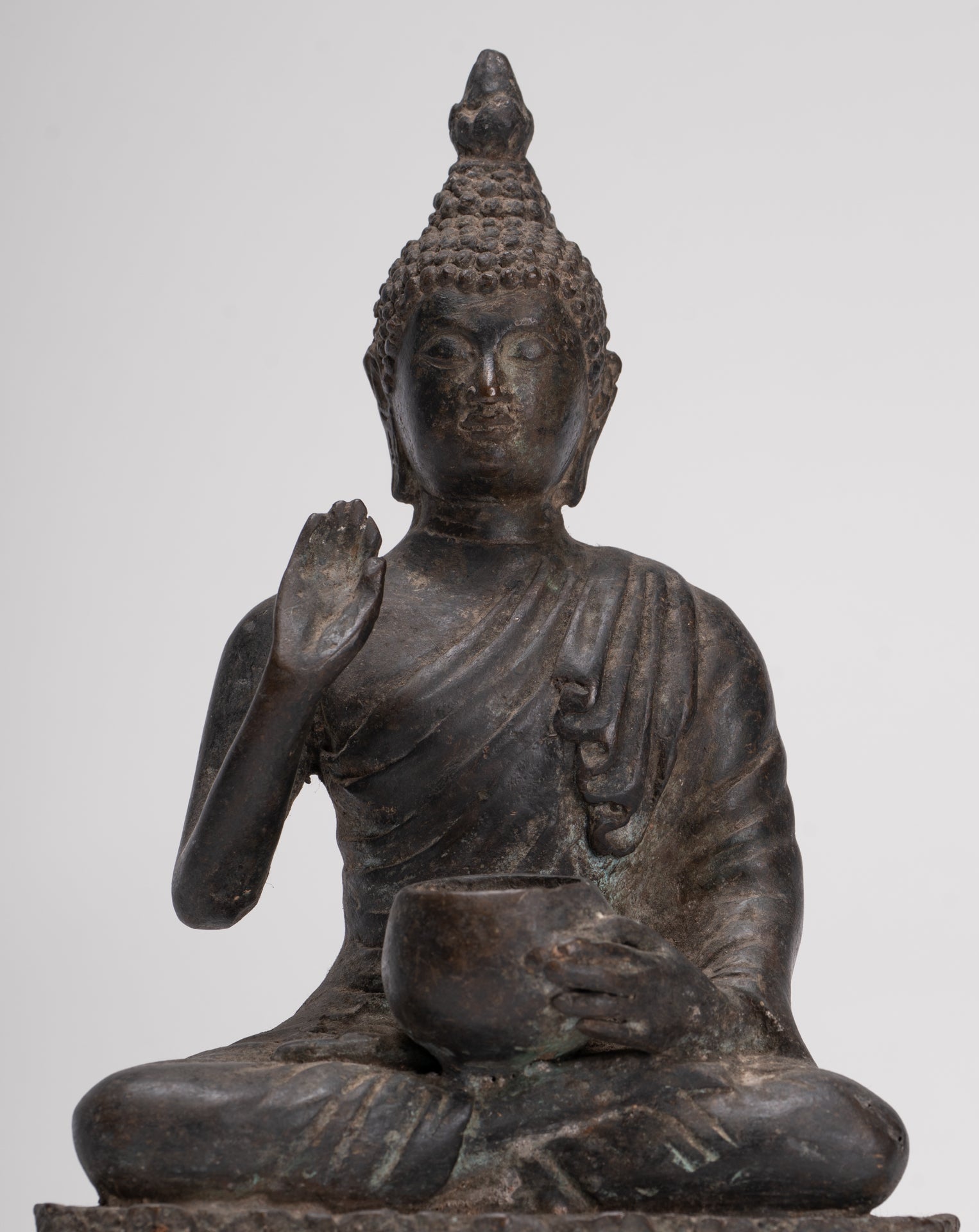 Antique Thai Style Bronze Chiang Saen Abhaya Protection Buddha Statue - 22cm/9"