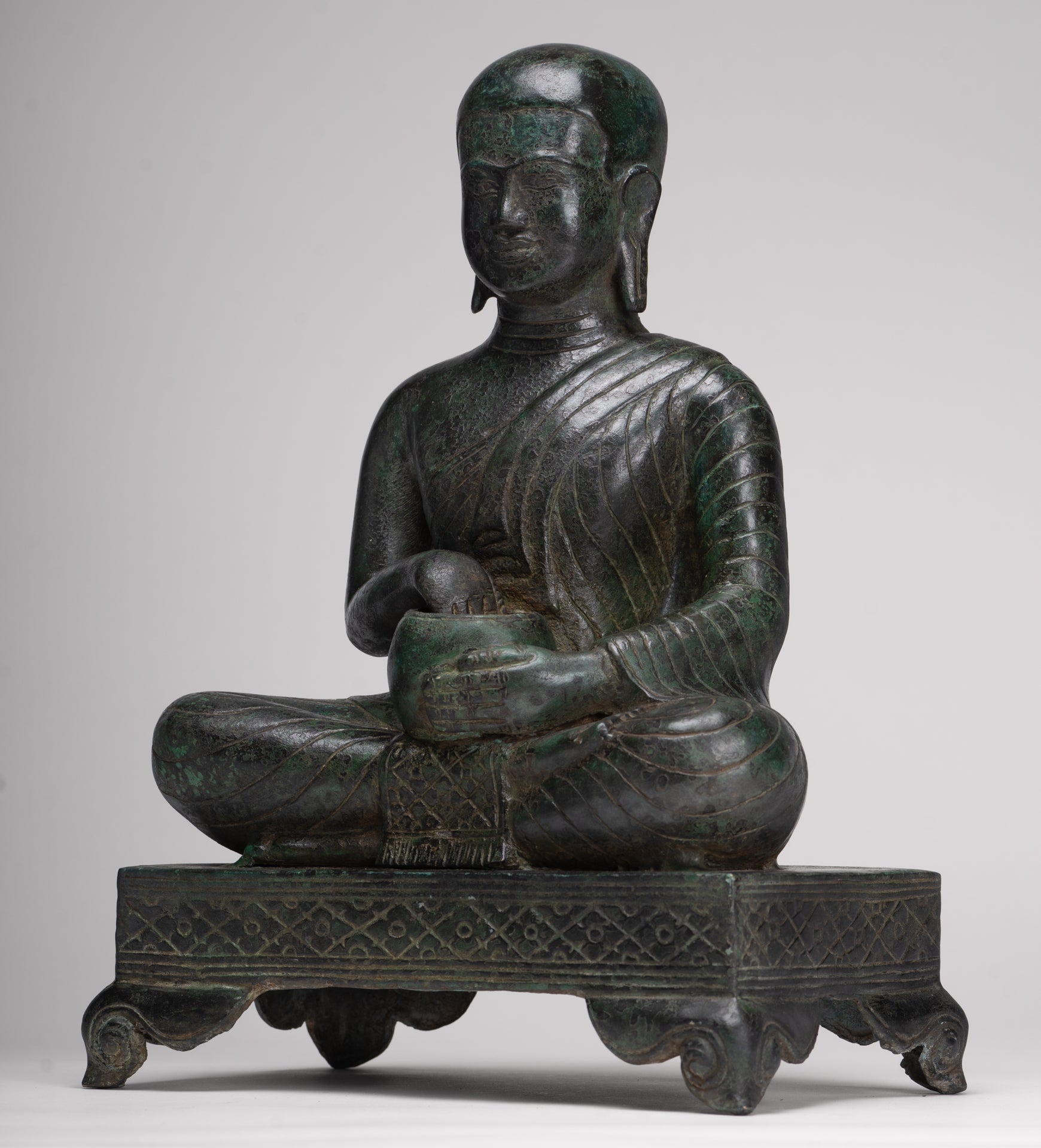 Antique Thai Style Seated Bronze Monk Statue - 33cm/13"