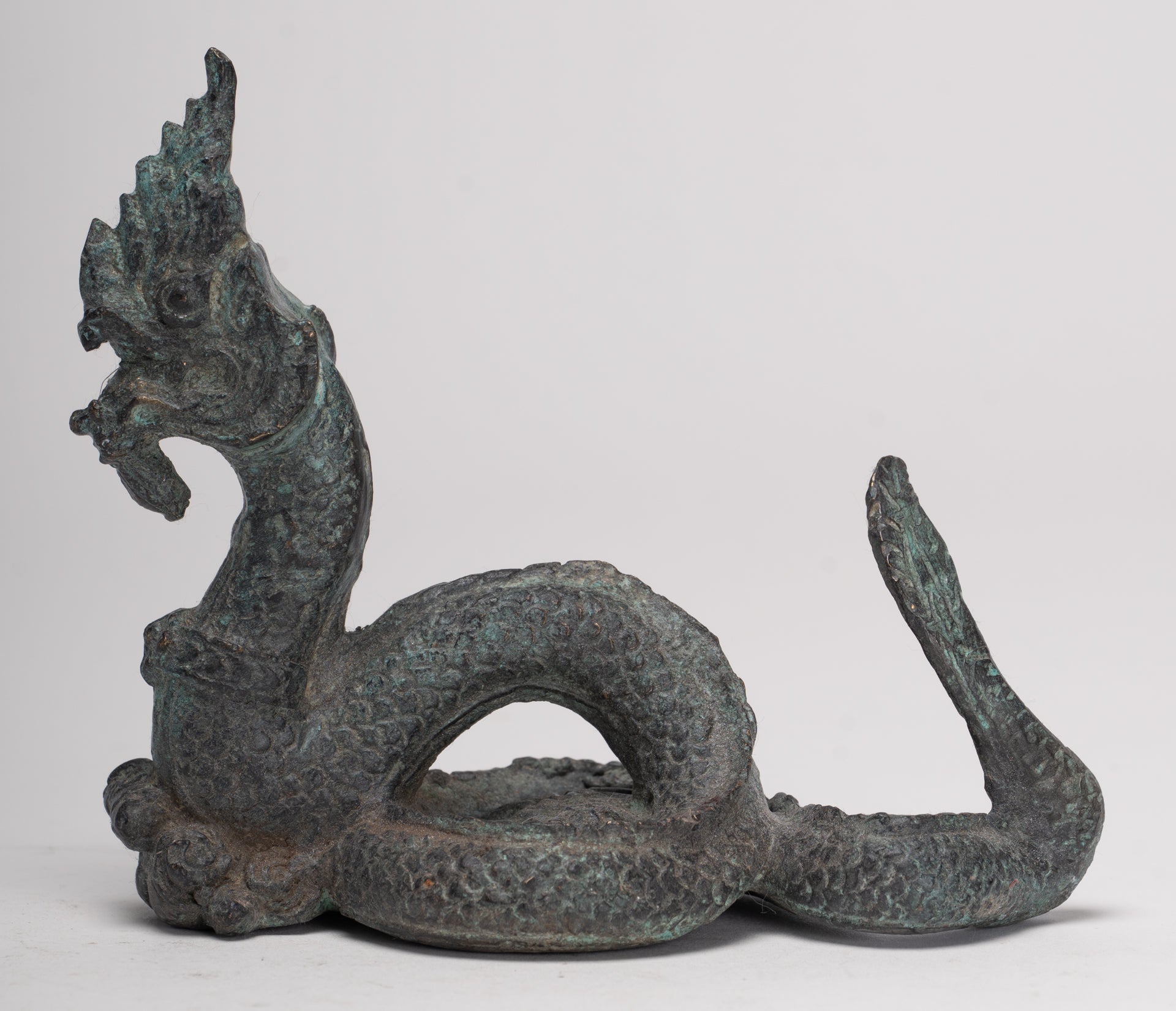 Antique Thai Style Bronze Protective Naga, Snake or Serpent Statue - 11.5cm/5"